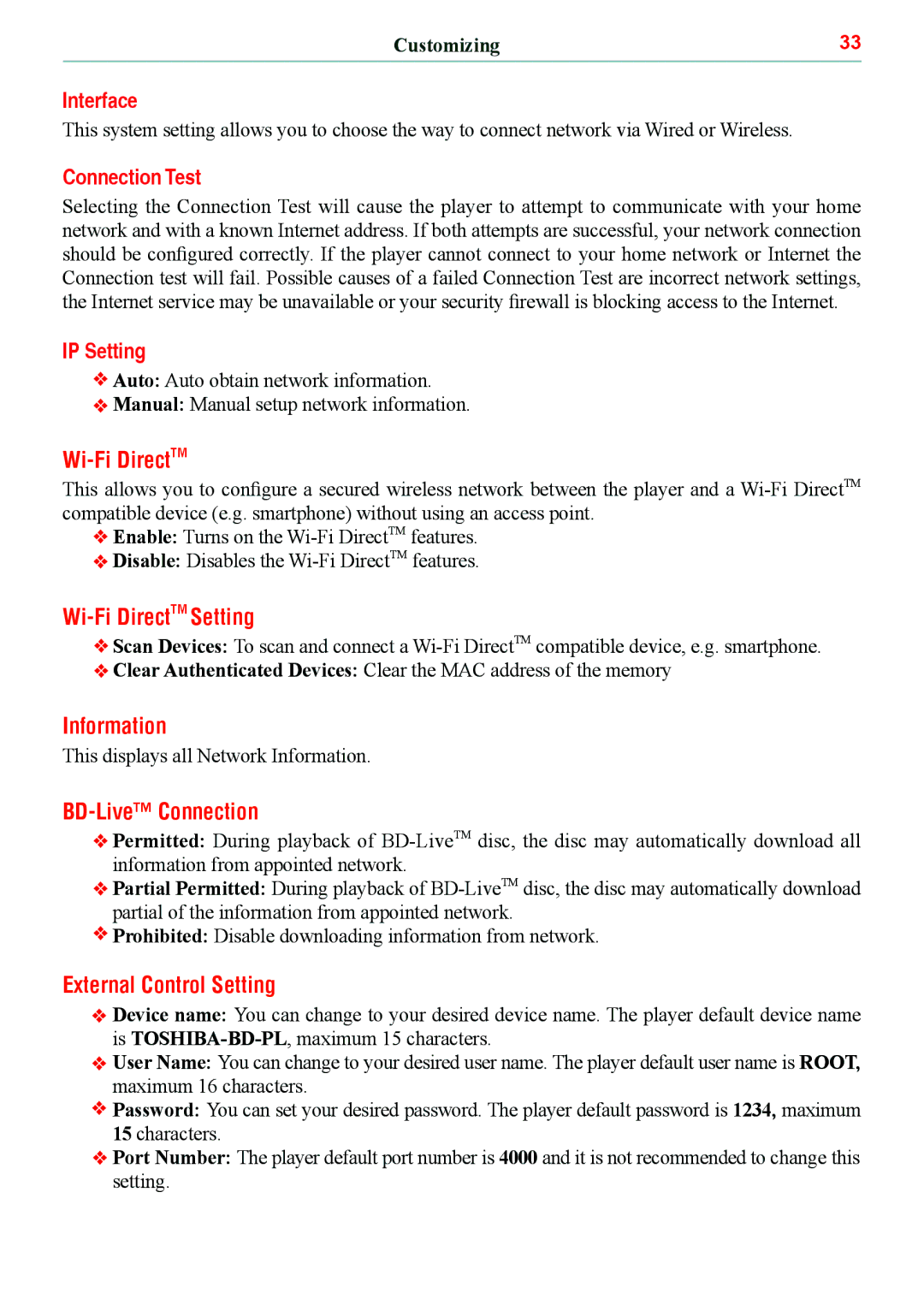 Toshiba BDX5500KC manual Wi-Fi DirectTM Setting, Information, BD-Live Connection, External Control Setting 