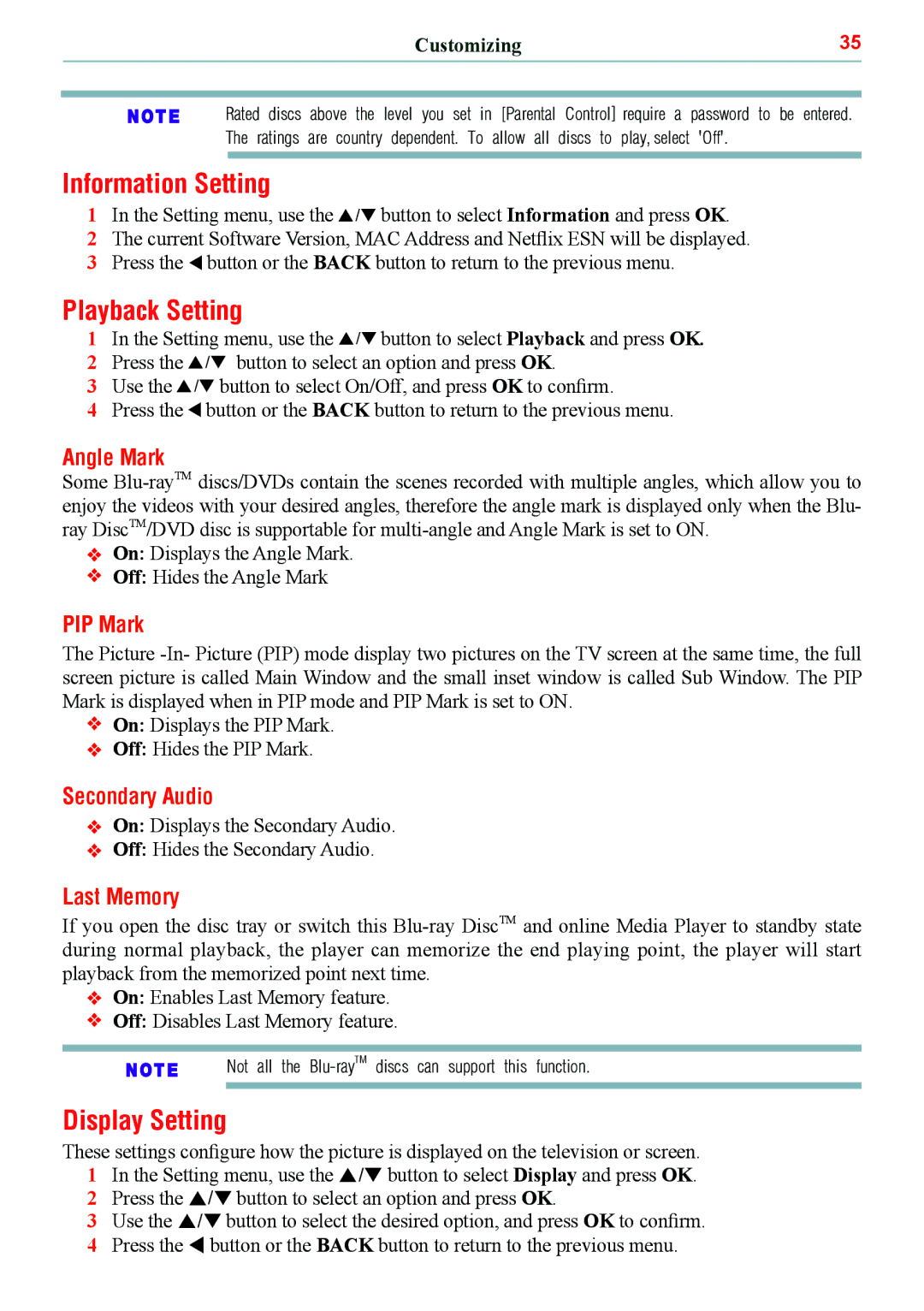 Toshiba BDX5500KC manual Angle Mark, PIP Mark, Secondary Audio, Last Memory 