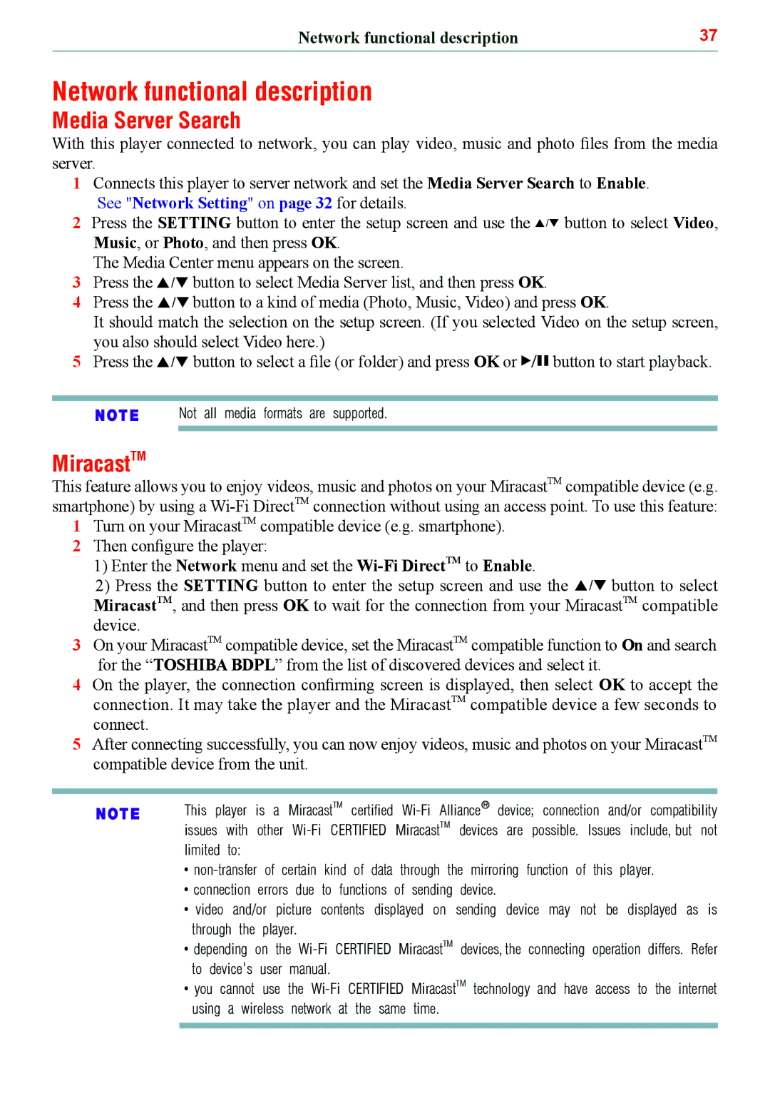 Toshiba BDX5500KC manual Network functional description, Media Server Search, MiracastTM 