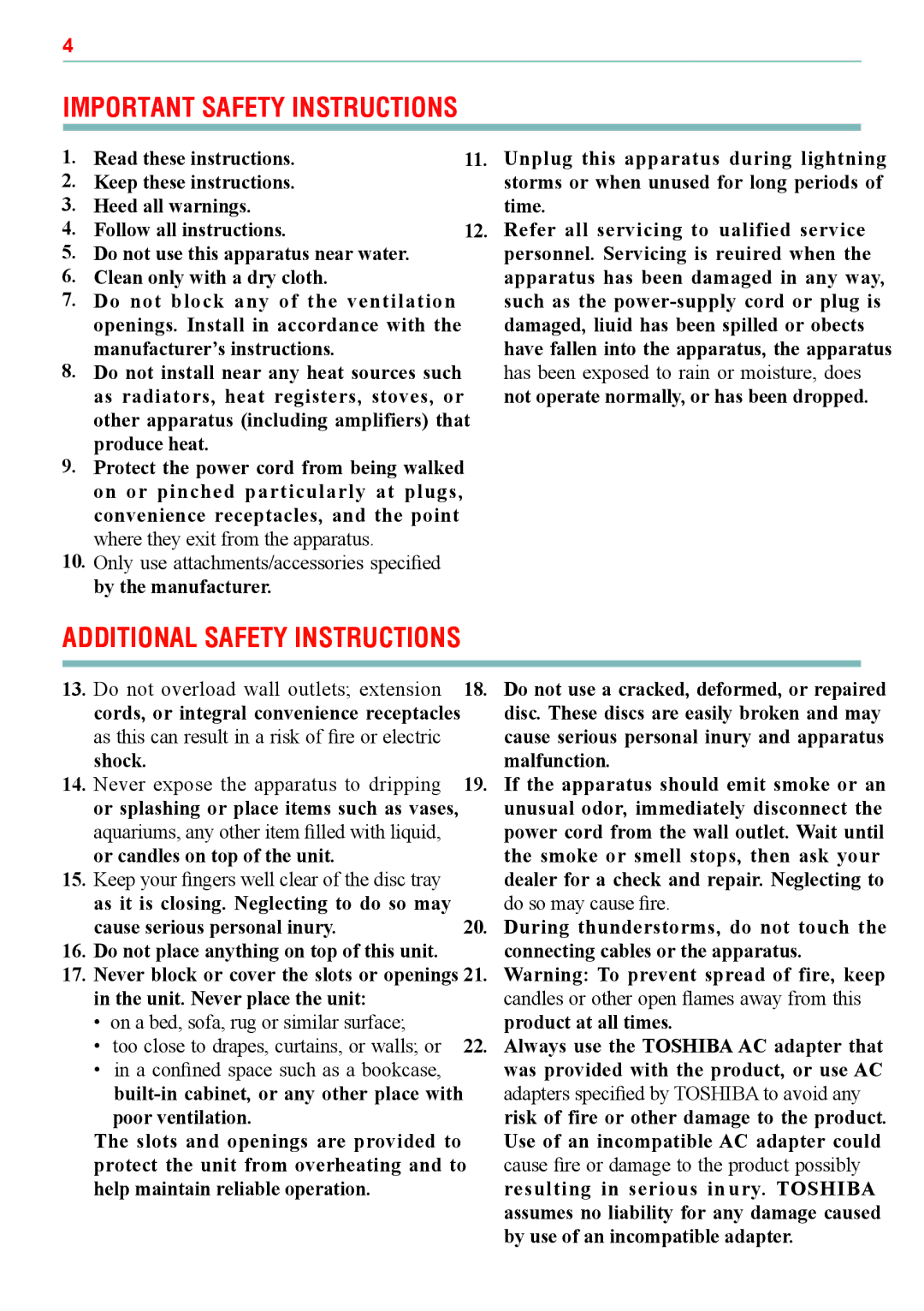 Toshiba BDX5500KC manual Additional Safety Instructions 