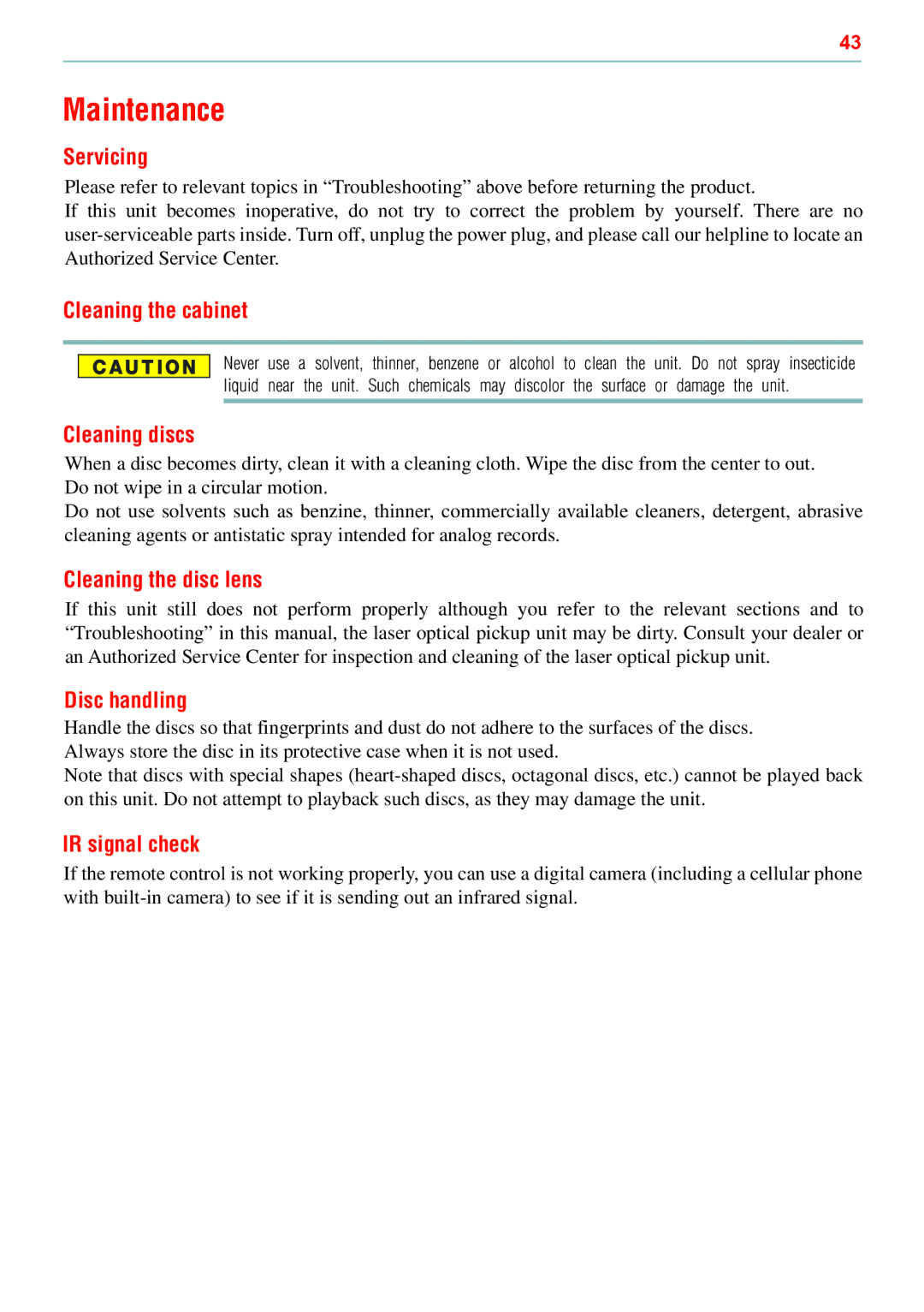 Toshiba BDX5500KC manual Maintenance, Disc handling, IR signal check 