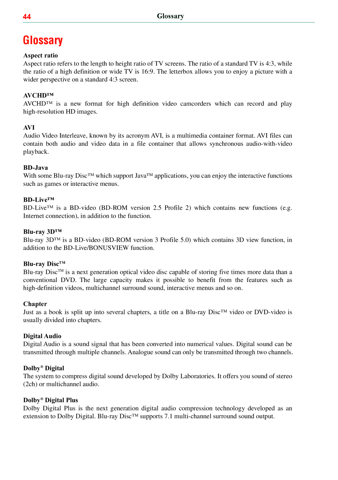 Toshiba BDX5500KC manual Glossary, Aspect ratio 