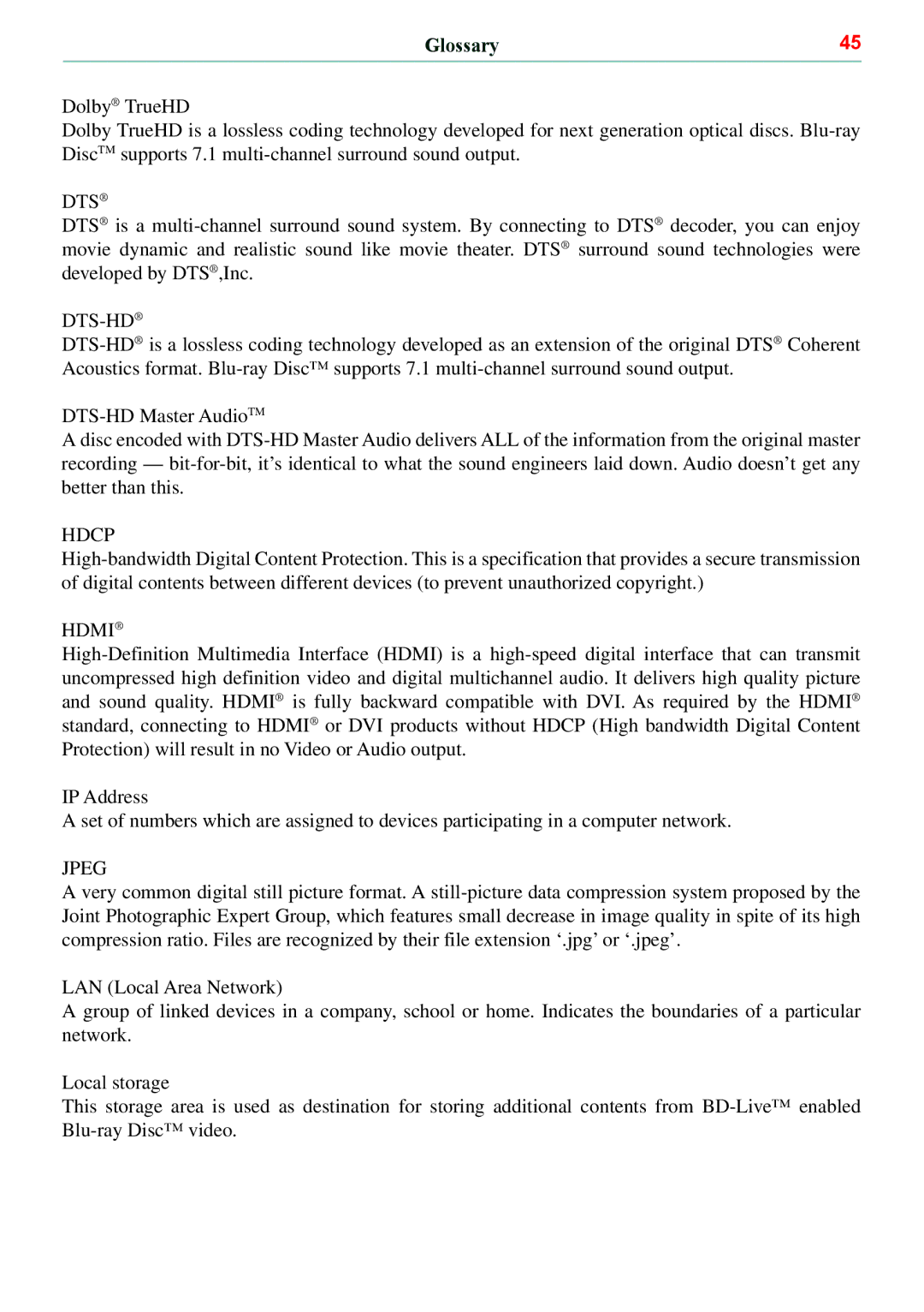 Toshiba BDX5500KC manual Glossary, Dts 