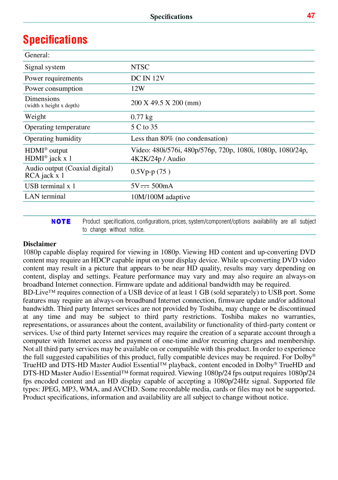 Toshiba BDX5500KC manual Speciﬁications, Specifications, Disclaimer 