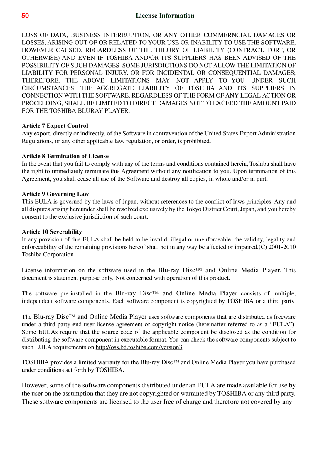 Toshiba BDX5500KC manual Article 7 Export Control 