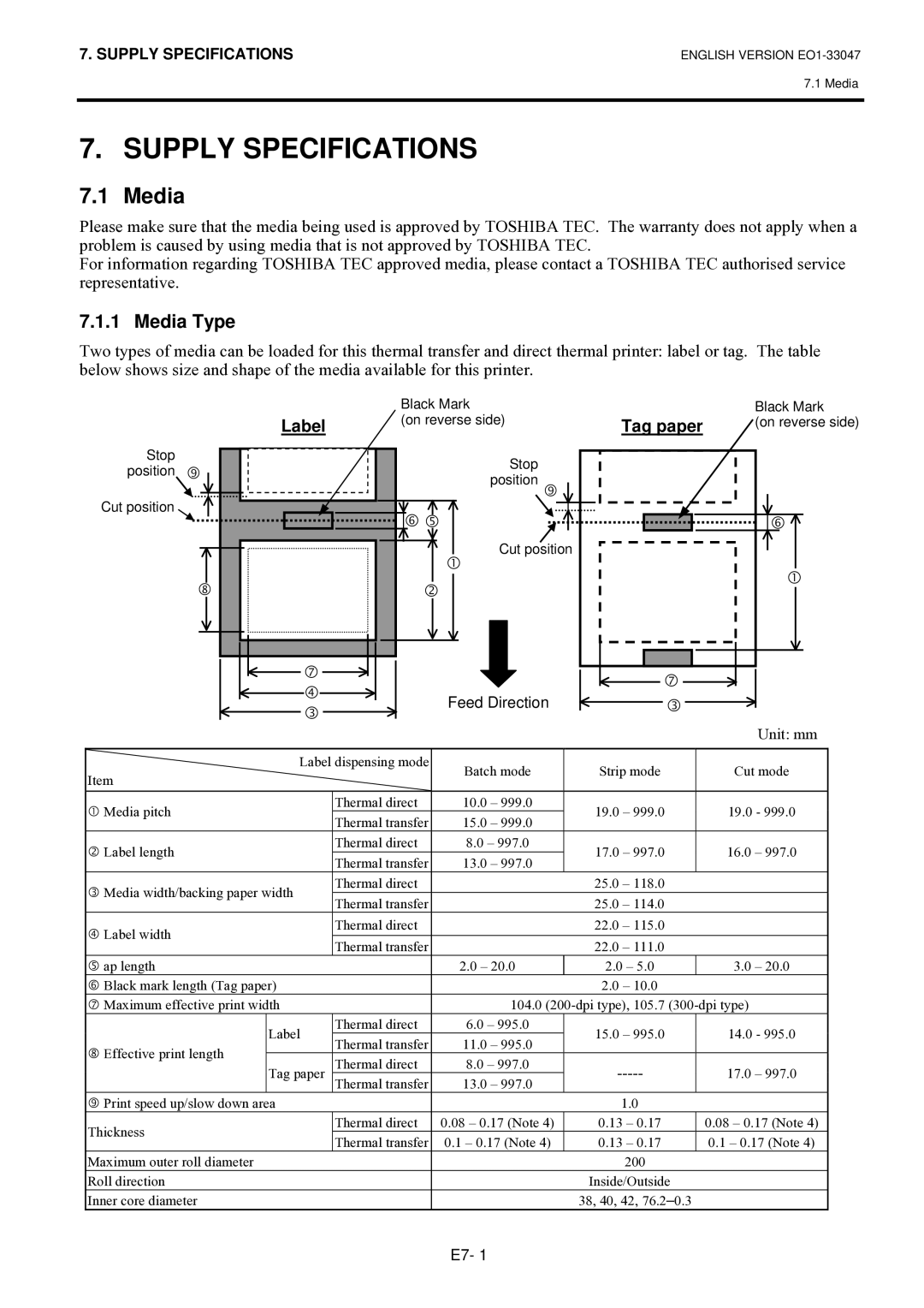 Toshiba B-SA4TM-TS12-QM-R, BSA4TMTS12QMR owner manual Supply Specifications, Media Type, Label, Tag paper 