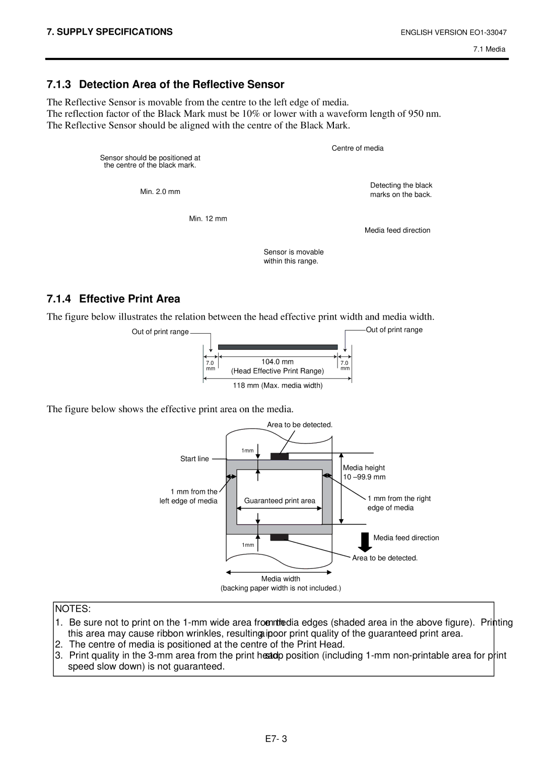 Toshiba BSA4TMTS12QMR, B-SA4TM-TS12-QM-R owner manual Detection Area of the Reflective Sensor, Effective Print Area 