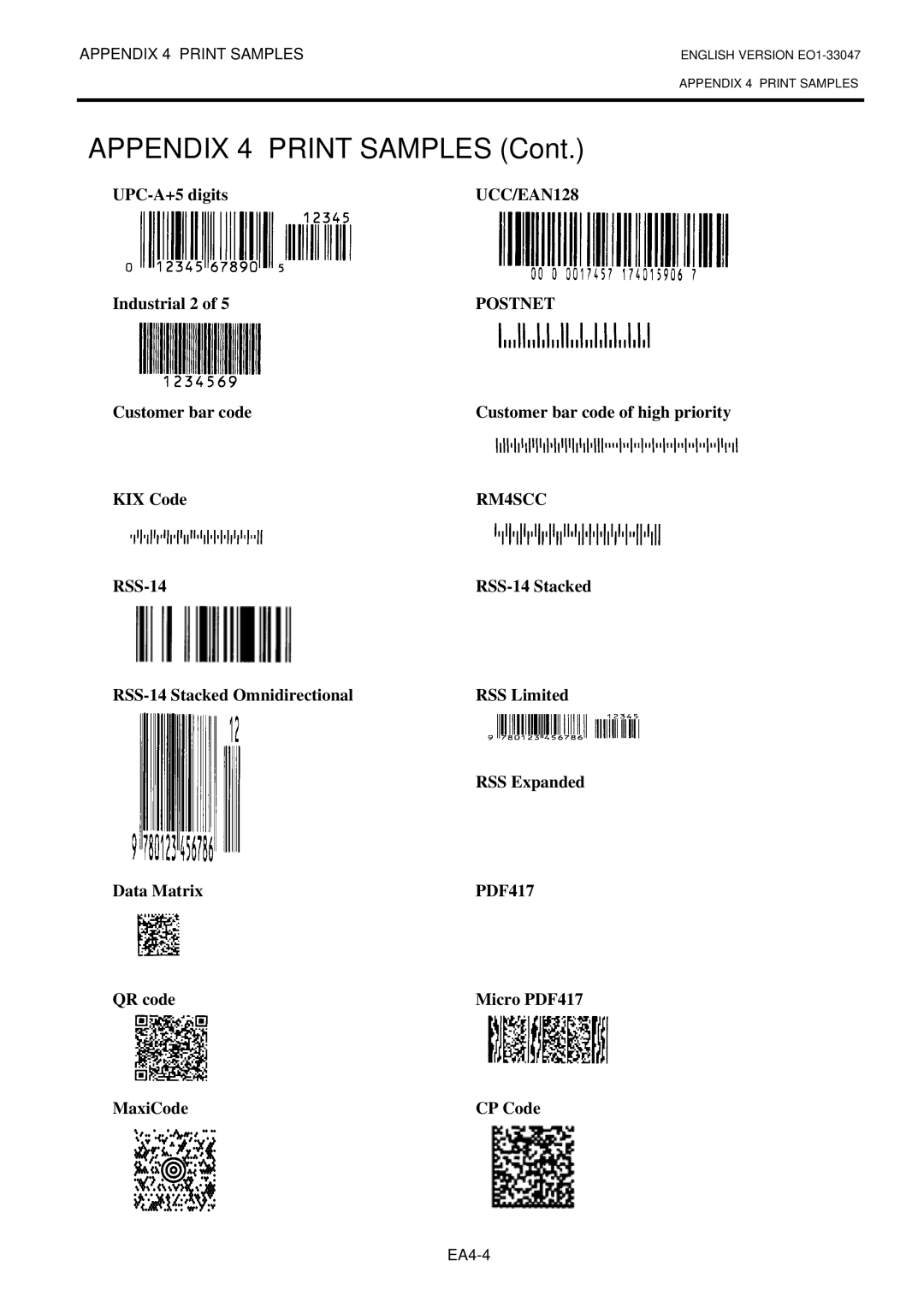 Toshiba BSA4TMTS12QMR, B-SA4TM-TS12-QM-R owner manual UPC-A+5 digits, Industrial 2, Customer bar code, KIX Code 