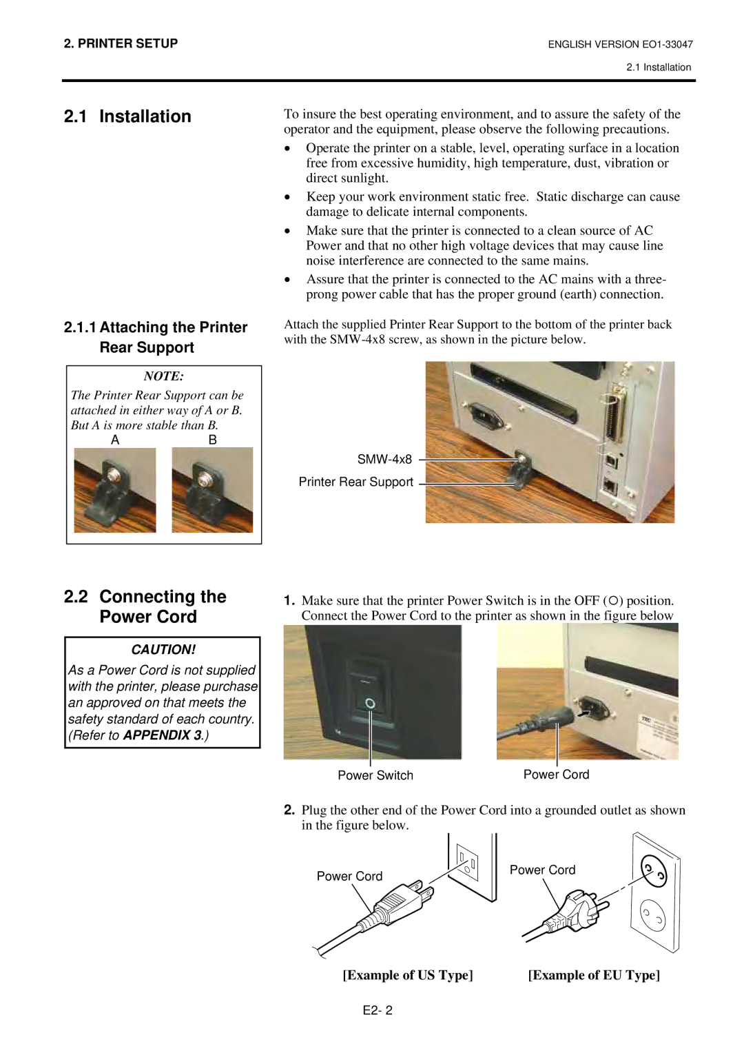 Toshiba B-SA4TM Installation, Connecting the Power Cord, Attaching the Printer Rear Support, Example of US Type 