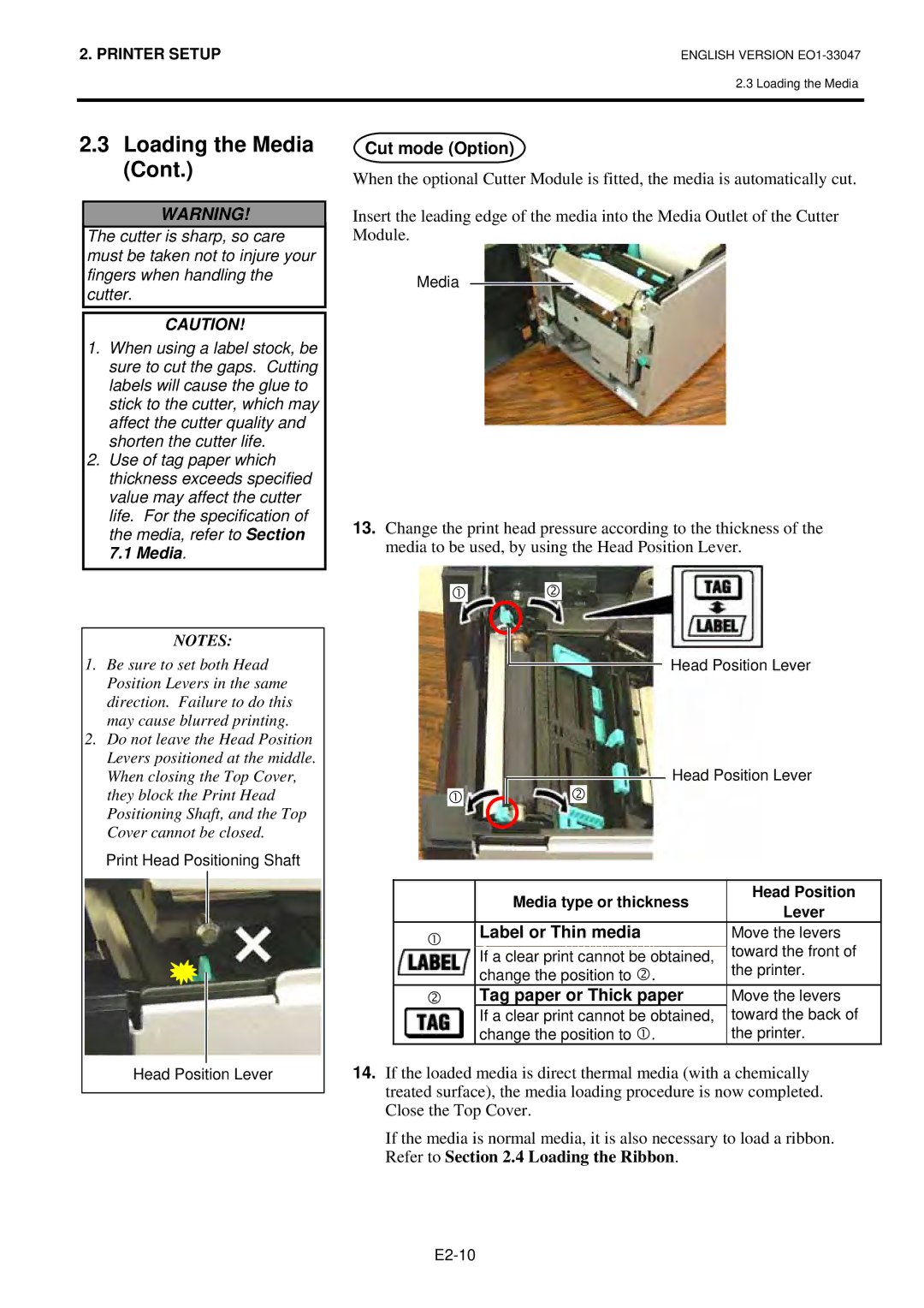 Toshiba BSA4TMTS12QMR, B-SA4TM-TS12-QM-R owner manual Cut mode Option, Label or Thin media, Tag paper or Thick paper 