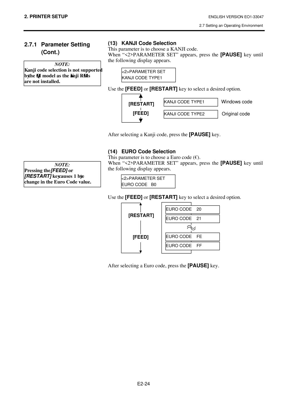 Toshiba B-SA4TM-TS12-QM-R Kanji Code Selection, After selecting a Kanji code, press the Pause key, Euro Code Selection 