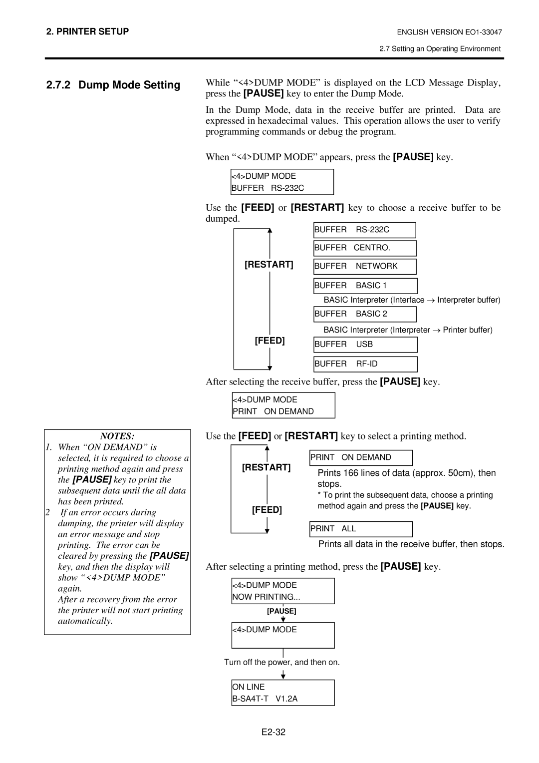 Toshiba B-SA4TM, BSA4TMTS12QMR owner manual Dump Mode Setting, After selecting the receive buffer, press the Pause key 