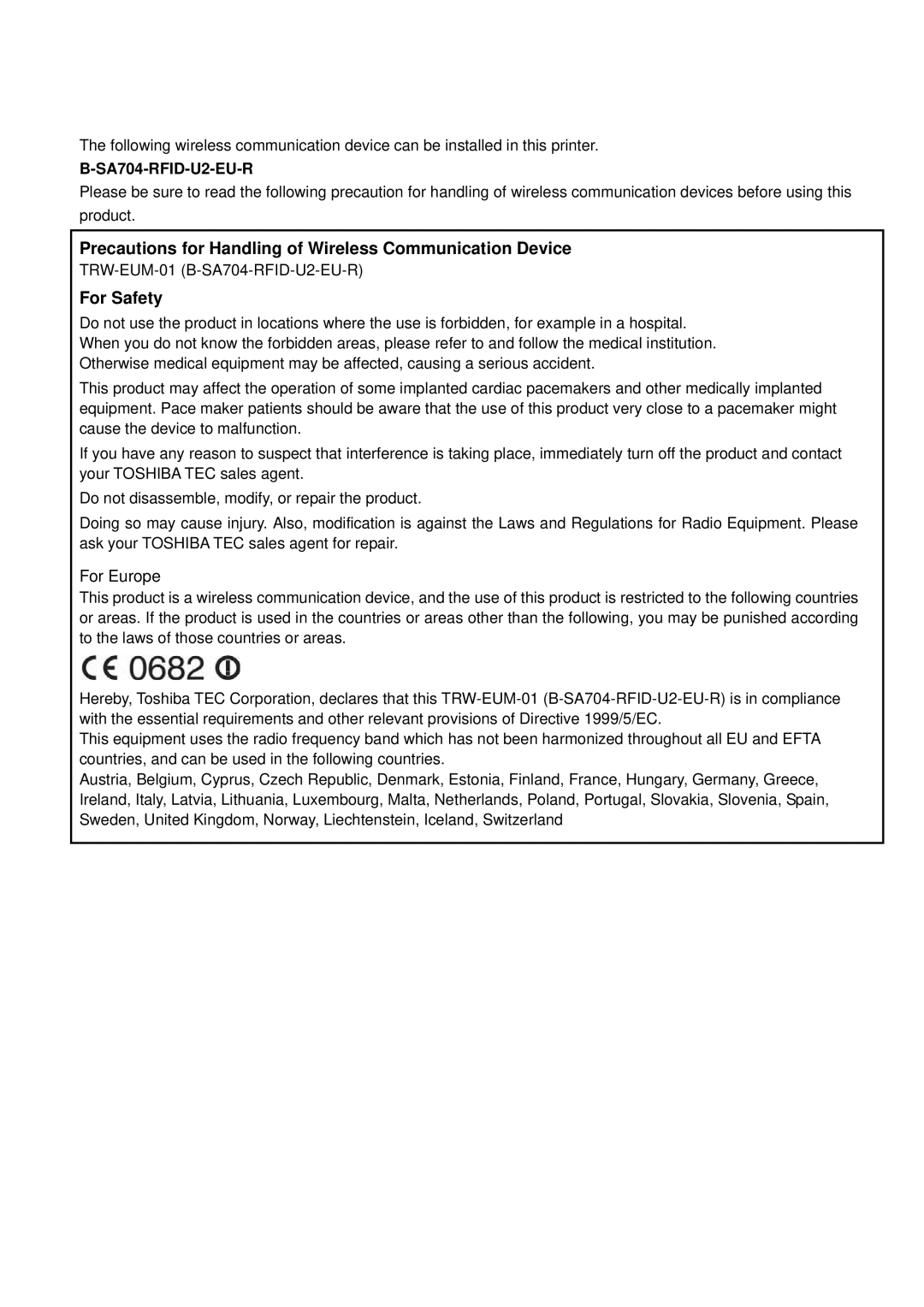 Toshiba B-SA4TM-TS12-QM-R, BSA4TMTS12QMR owner manual Precautions for Handling of Wireless Communication Device, For Safety 