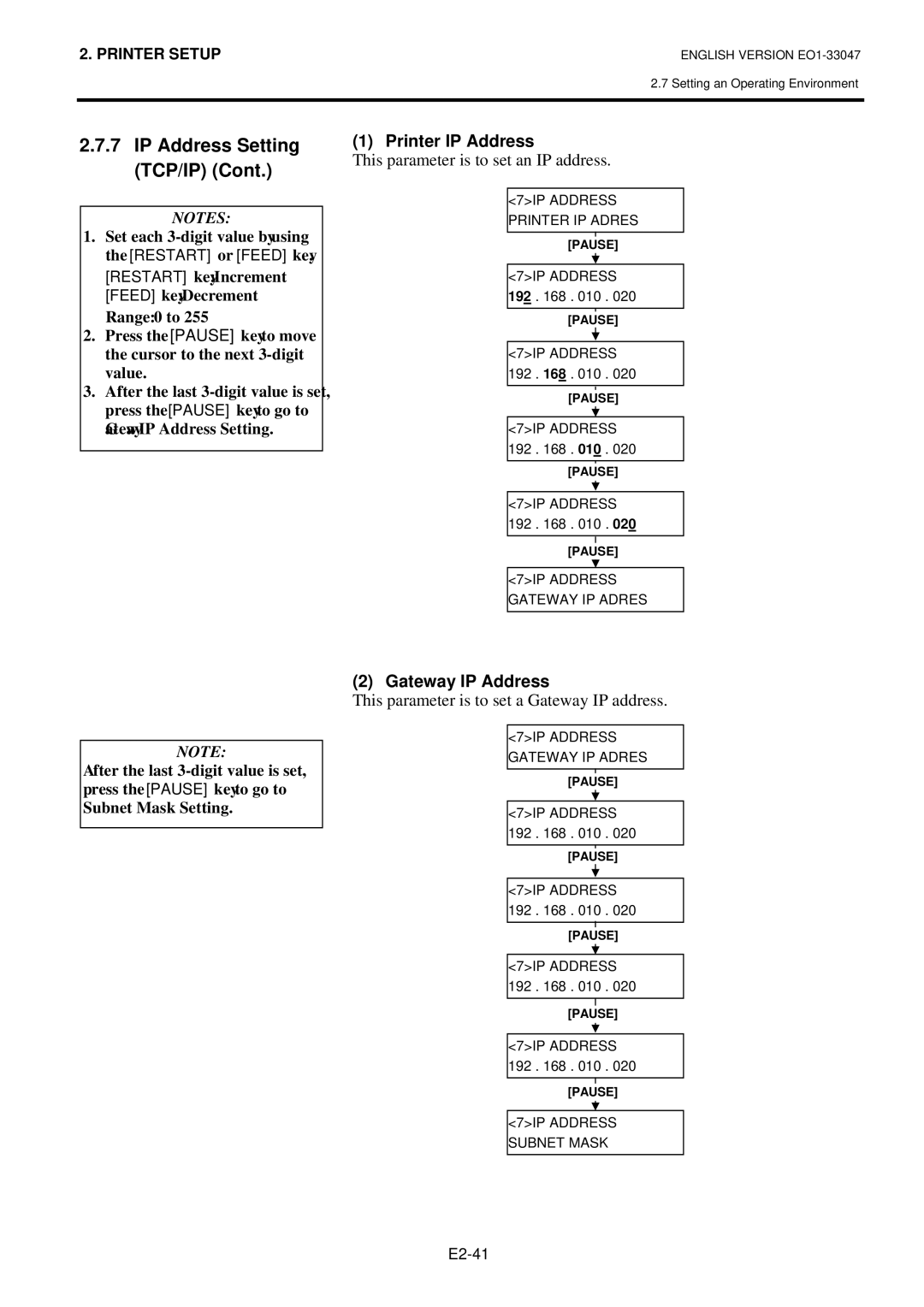 Toshiba B-SA4TM, BSA4TMTS12QMR owner manual Printer IP Address, This parameter is to set an IP address, Gateway IP Address 