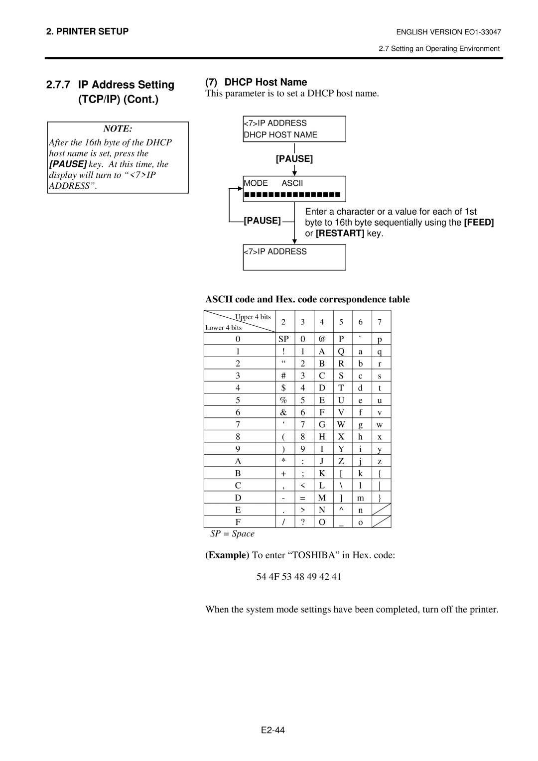 Toshiba B-SA4TM Dhcp Host Name, This parameter is to set a Dhcp host name, Ascii code and Hex. code correspondence table 