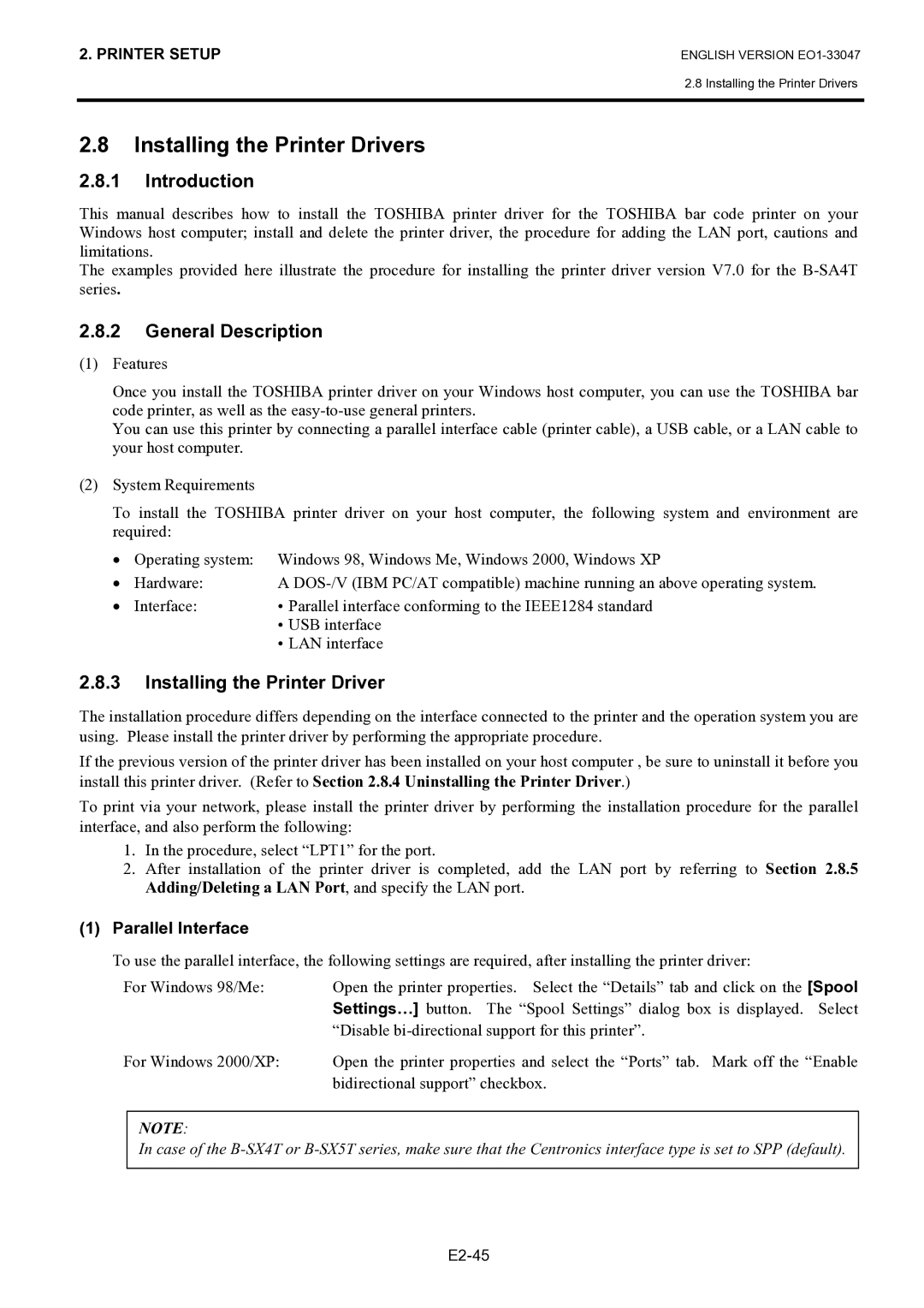 Toshiba B-SA4TM-TS12-QM-R Installing the Printer Drivers, Introduction, General Description, Parallel Interface 