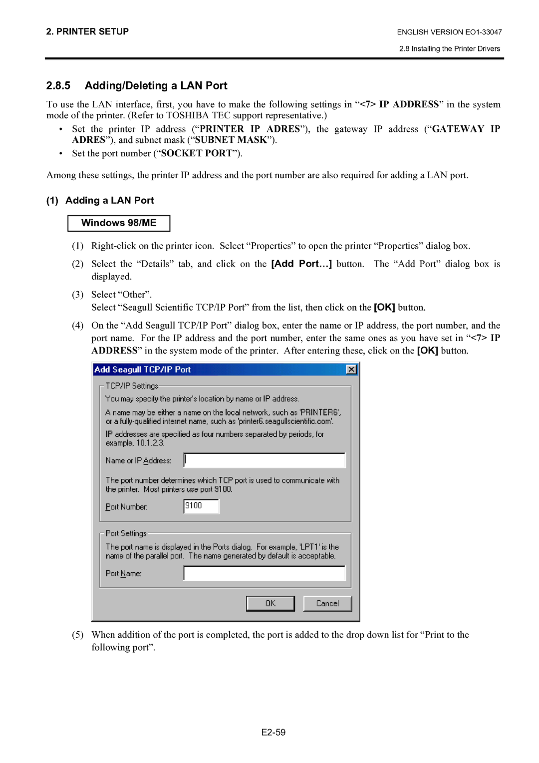 Toshiba BSA4TMTS12QMR, B-SA4TM-TS12-QM-R owner manual Adding/Deleting a LAN Port, Adding a LAN Port Windows 98/ME 