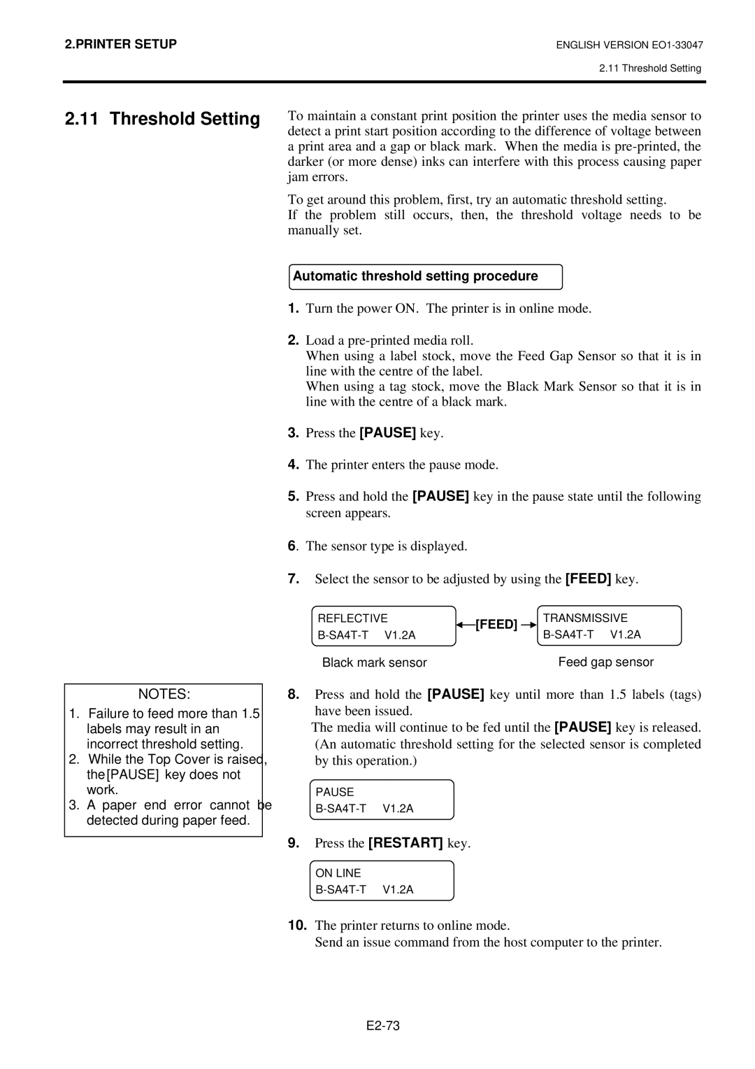 Toshiba BSA4TMTS12QMR, B-SA4TM-TS12-QM-R owner manual Threshold Setting, Jam errors, Manually set, Press the Restart key 