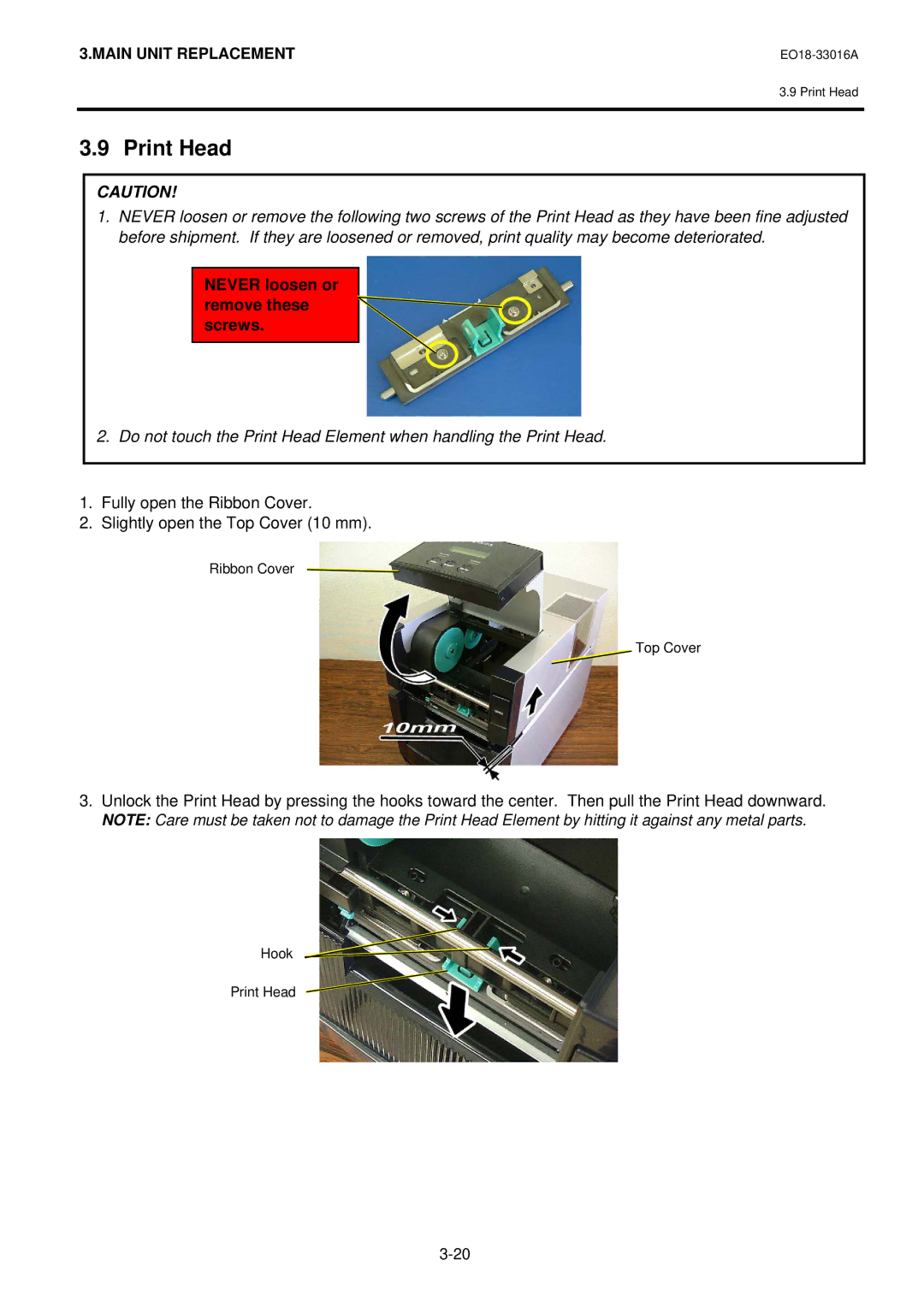 Toshiba BSA4TMTS12QMR, BSA4TMGS12QMR manual Print Head, Never loosen or remove these screws 