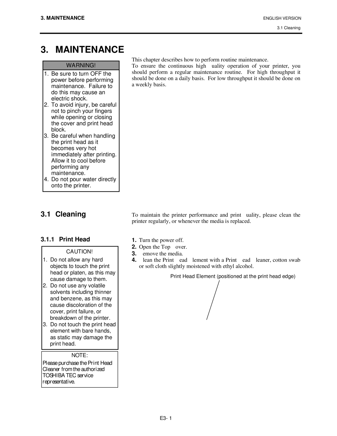 Toshiba BSV4TGS10QMR manual Maintenance, Cleaning, Print Head 