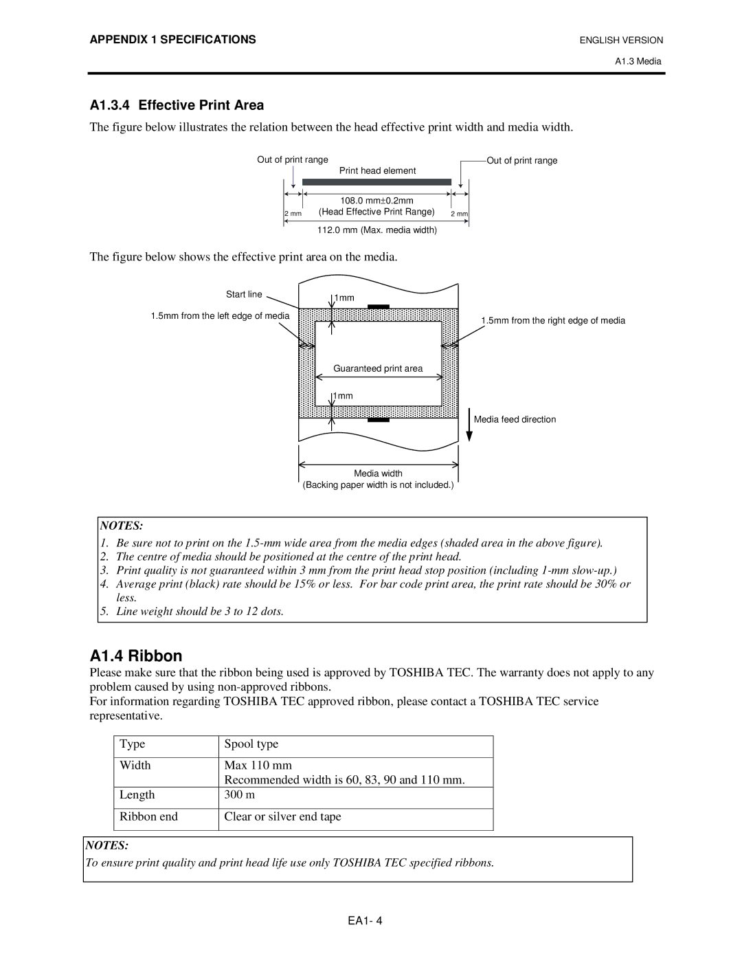 Toshiba BSV4TGS10QMR manual A1.4 Ribbon, A1.3.4 Effective Print Area 