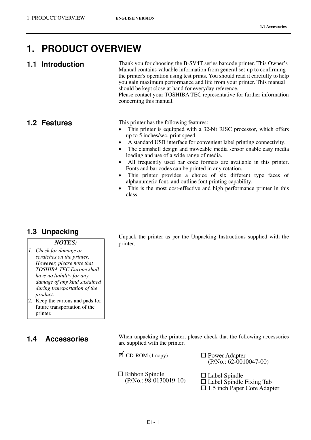 Toshiba BSV4TGS10QMR manual Product Overview 