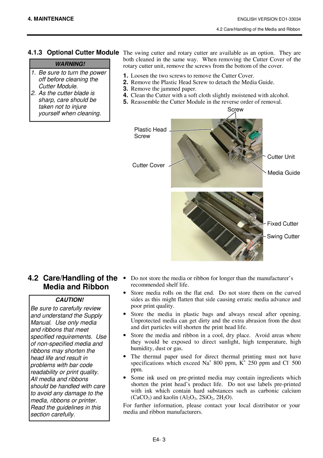 Toshiba B-SX4T Series, BSX4TGS20QMR owner manual Care/Handling of the Media and Ribbon, Optional Cutter Module 