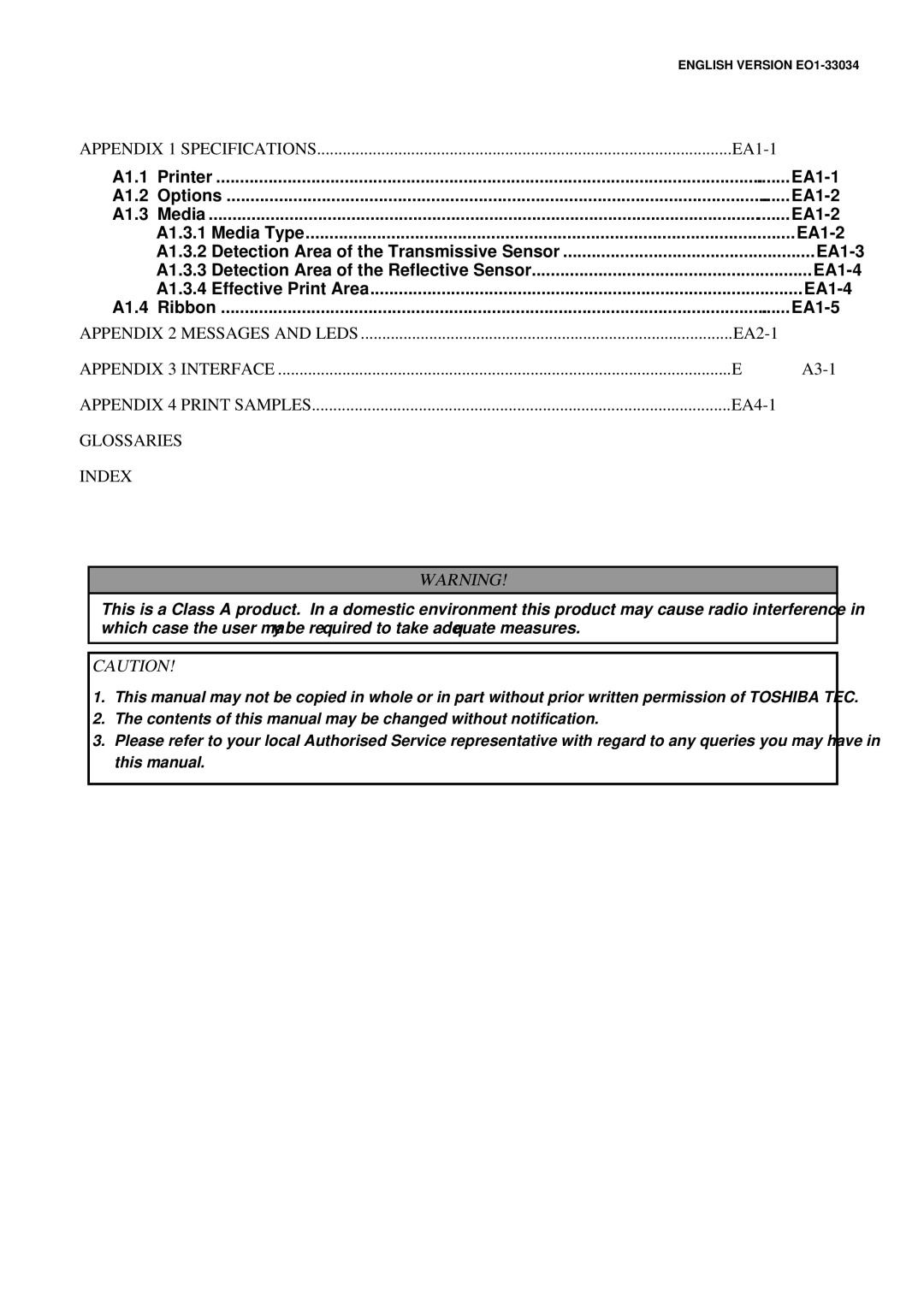 Toshiba BSX4TGS20QMR, B-SX4T Series owner manual EA1-1, EA2-1, EA3-1, EA4-1 