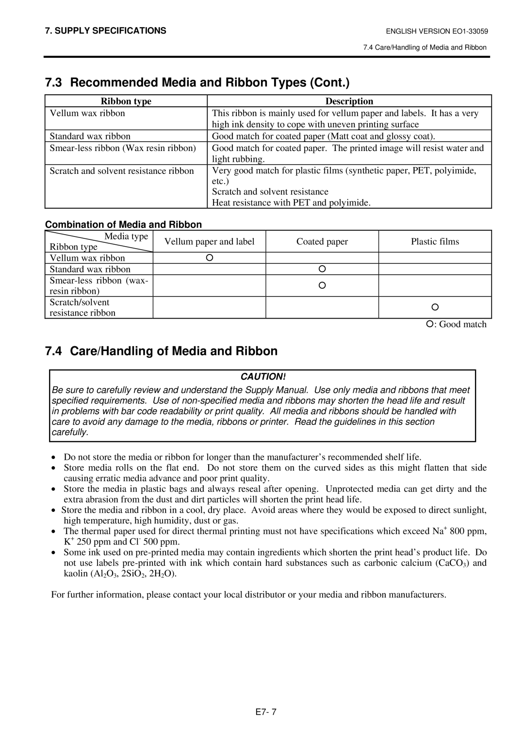 Toshiba BSX5TTS22QMR manual Care/Handling of Media and Ribbon, Ribbon type Description, Combination of Media and Ribbon 