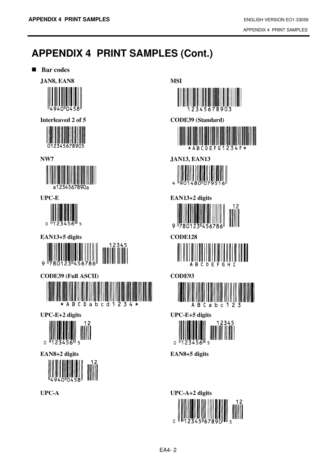 Toshiba BSX5TTS22QMR manual Interleaved 2, JAN13, EAN13, EAN13+2 digits, EAN13+5 digits, CODE39 Full Ascii, UPC-A+2 digits 