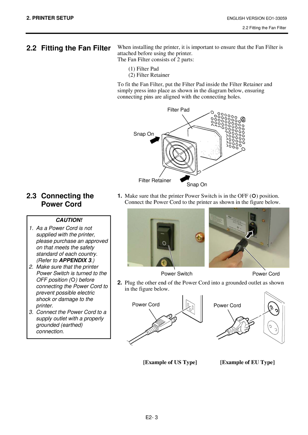 Toshiba B-SX5T-TS22-QM-R, BSX5TTS25QMR, BSX5TTS22QMR Fitting the Fan Filter, Connecting the Power Cord, Example of US Type 