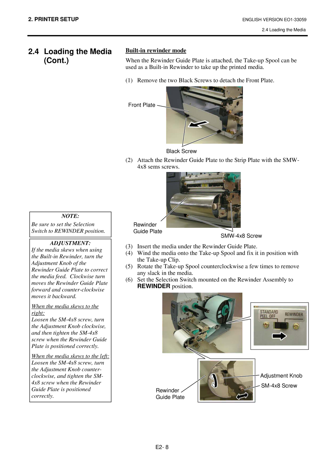 Toshiba BSX5TTS22QMR, BSX5TTS25QMR, B-SX5T-TS22-QM-R, B-SX5T-TS25-QM-R manual Built-in rewinder mode, Adjustment 