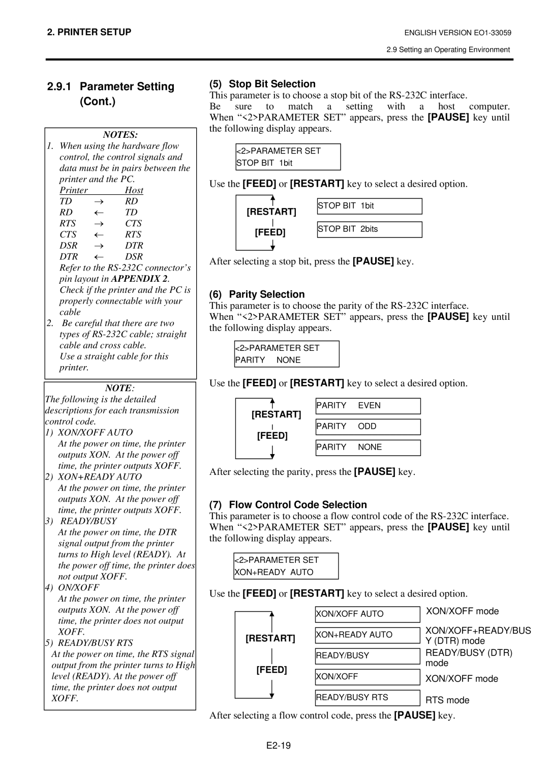 Toshiba B-SX5T-TS22-QM-R, BSX5TTS25QMR, BSX5TTS22QMR manual Stop Bit Selection, Parity Selection, Flow Control Code Selection 