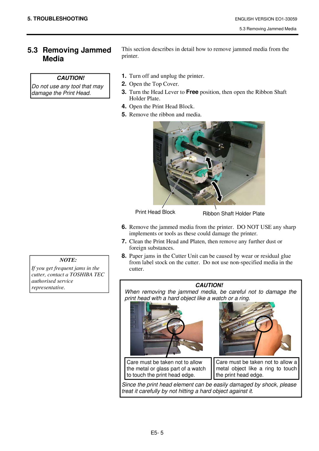 Toshiba B-SX5T-TS22-QM-R, BSX5TTS25QMR, BSX5TTS22QMR, B-SX5T-TS25-QM-R manual Removing Jammed Media 