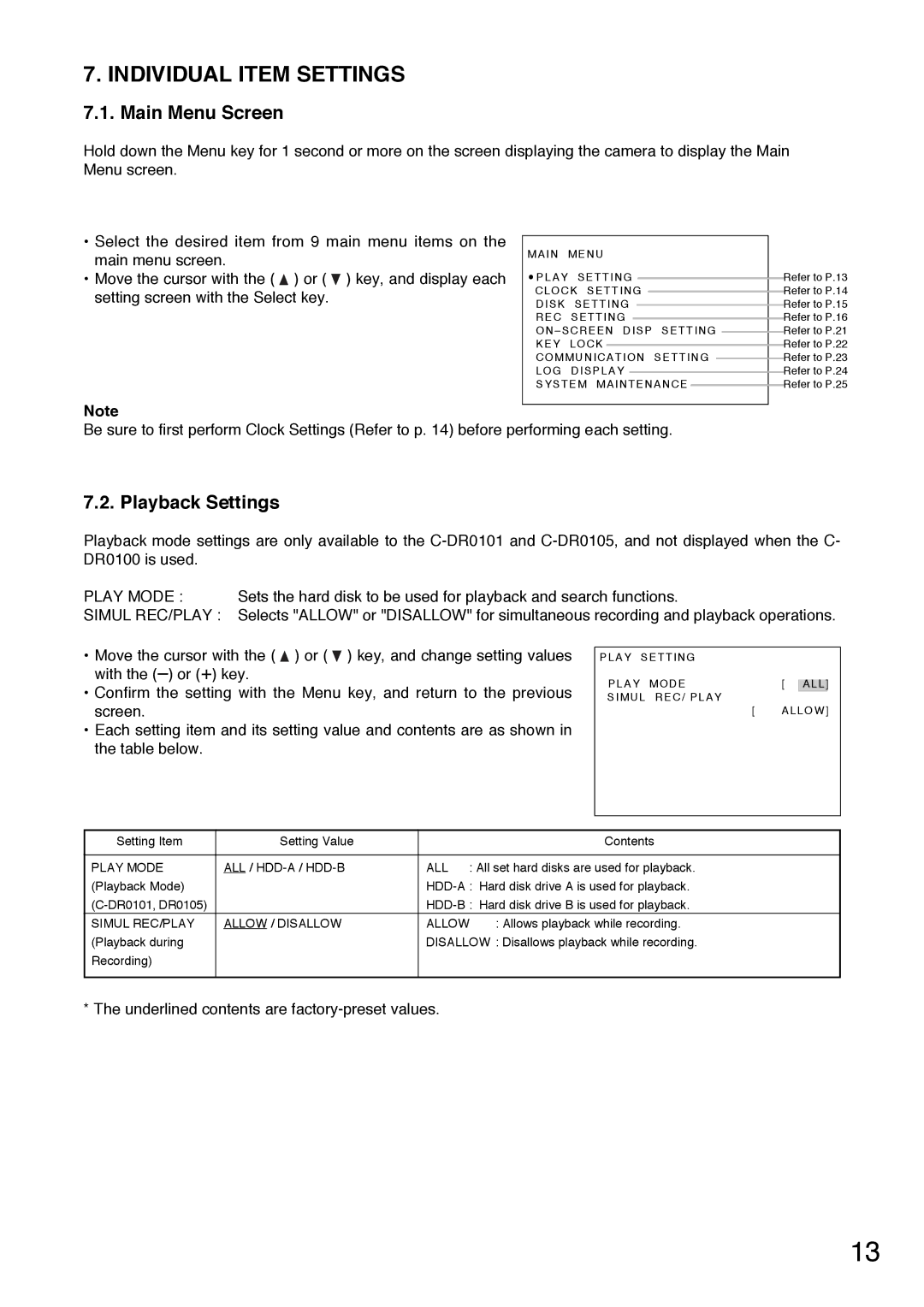 Toshiba C-DR0101 instruction manual Individual Item Settings, Main Menu Screen, Playback Settings 