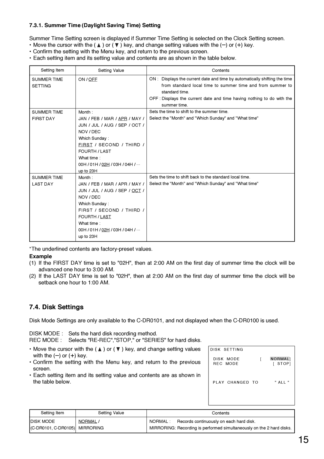 Toshiba C-DR0101 instruction manual Disk Settings, Summer Time Daylight Saving Time Setting, Example 