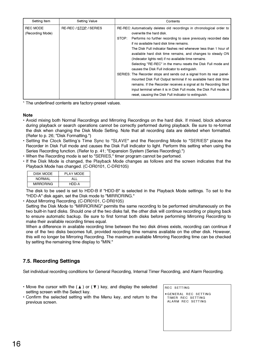 Toshiba C-DR0101 Recording Settings, REC Mode RE-REC / Stop / Series, Disk Mode Play Mode Normal, Mirroring HDD-A 