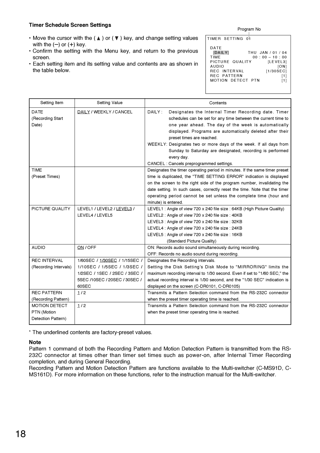 Toshiba C-DR0101 Timer Schedule Screen Settings, Date Daily / Weekly / Cancel, REC Pattern, Motion Detect 