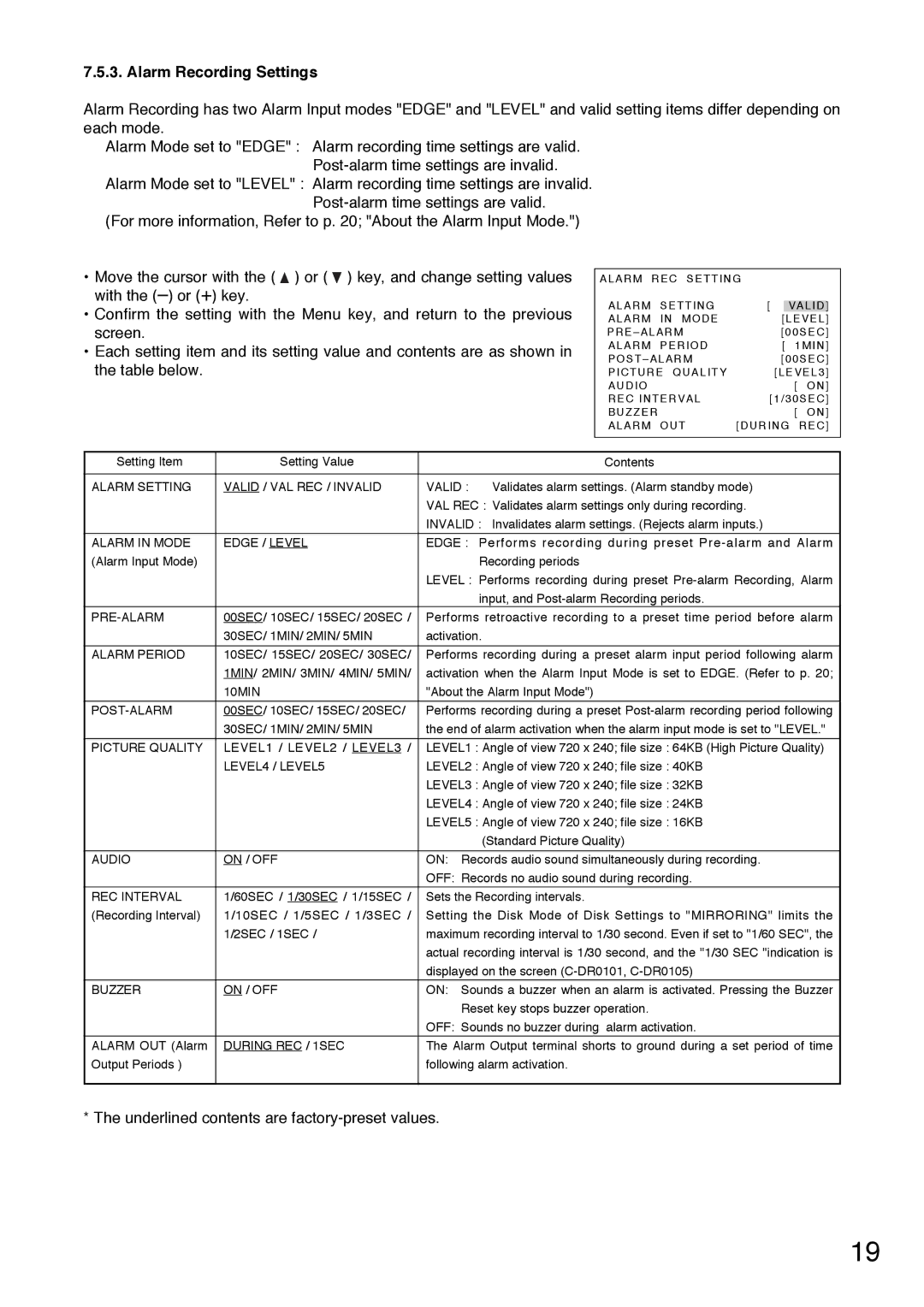 Toshiba C-DR0101 instruction manual Alarm Recording Settings, With the or + key, Screen, Table below 