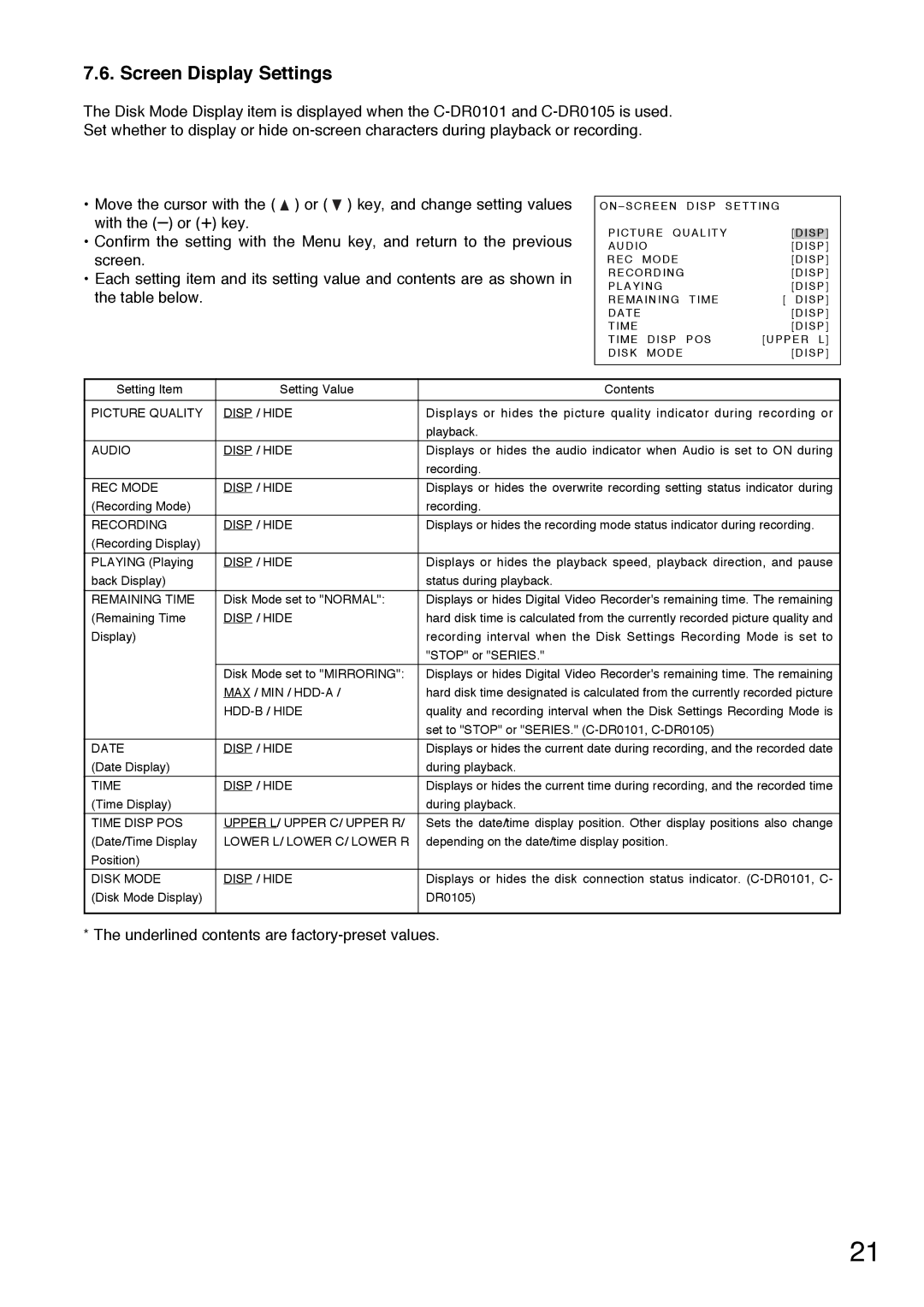 Toshiba C-DR0101 instruction manual Screen Display Settings 