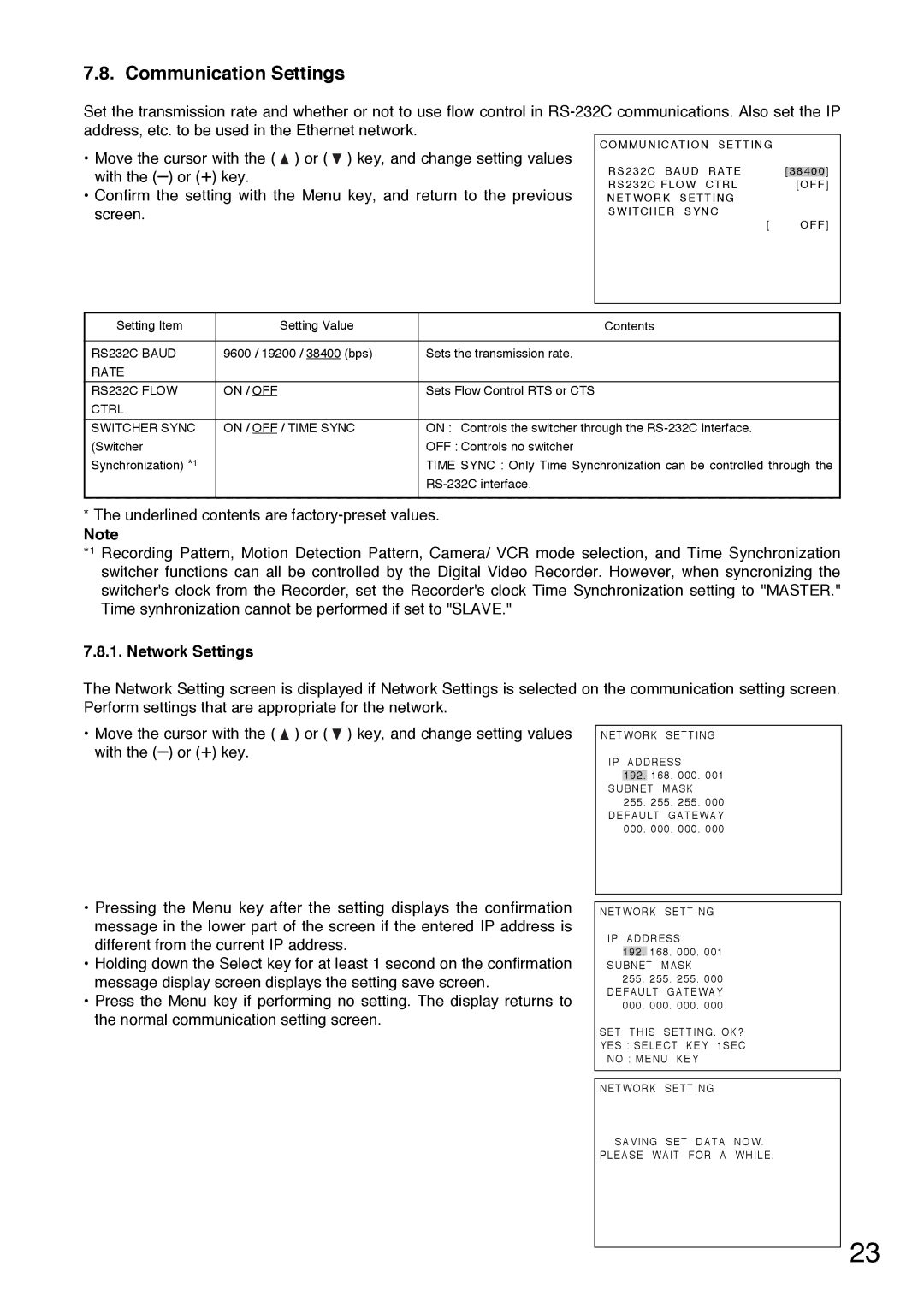 Toshiba C-DR0101 instruction manual Communication Settings, Network Settings, RS232C Baud, Rate RS232C Flow On / OFF 