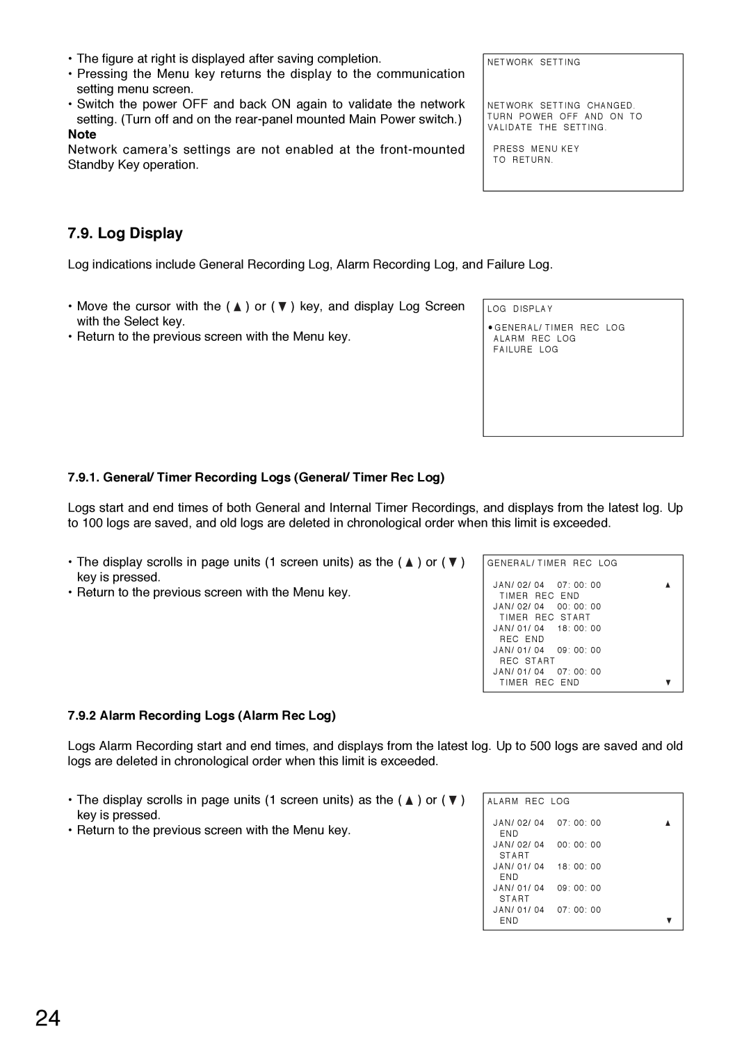 Toshiba C-DR0101 Log Display, General/ Timer Recording Logs General/ Timer Rec Log, Alarm Recording Logs Alarm Rec Log 