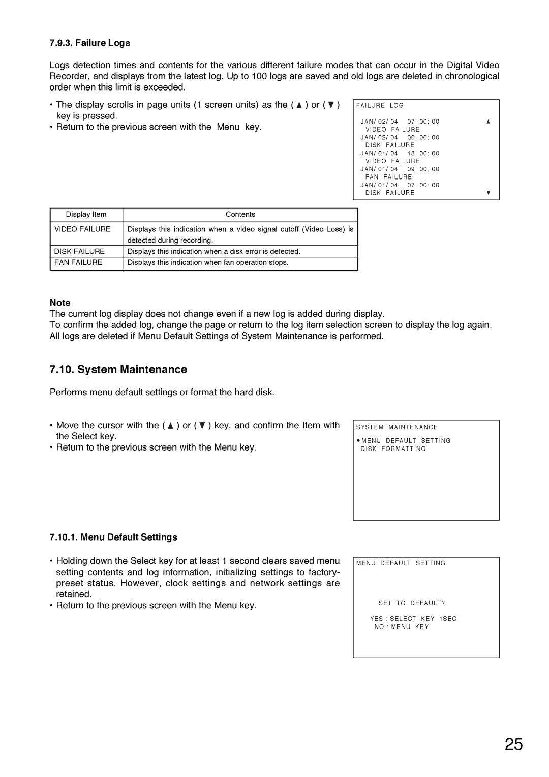 Toshiba C-DR0101 instruction manual System Maintenance, Failure Logs, Menu Default Settings 