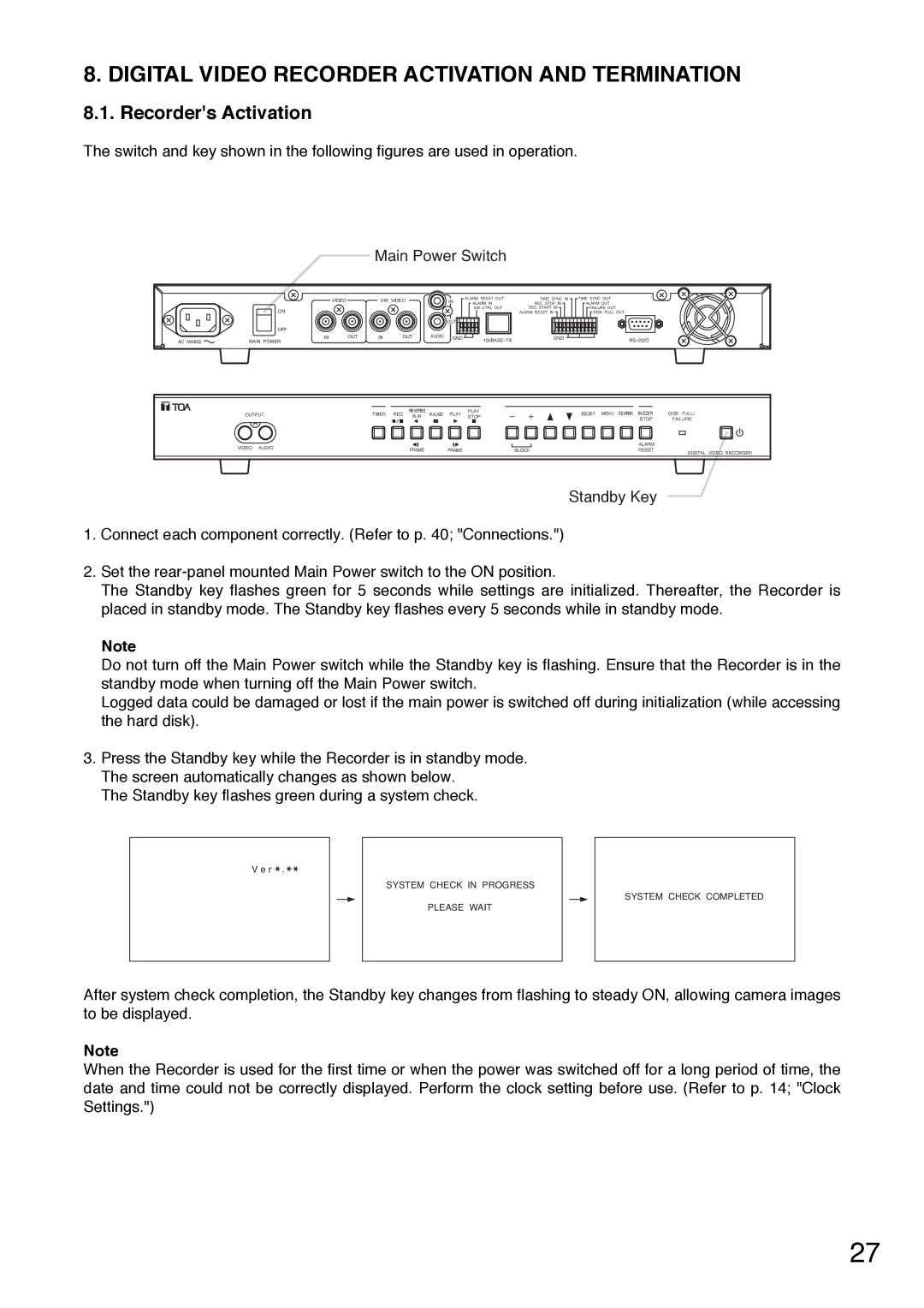 Toshiba C-DR0101 instruction manual Digital Video Recorder Activation and Termination, Recorders Activation 