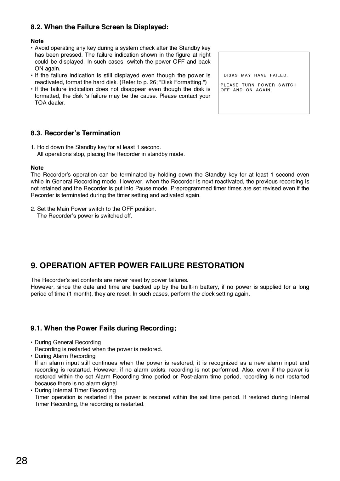 Toshiba C-DR0101 Operation After Power Failure Restoration, When the Failure Screen Is Displayed, Recorder’s Termination 