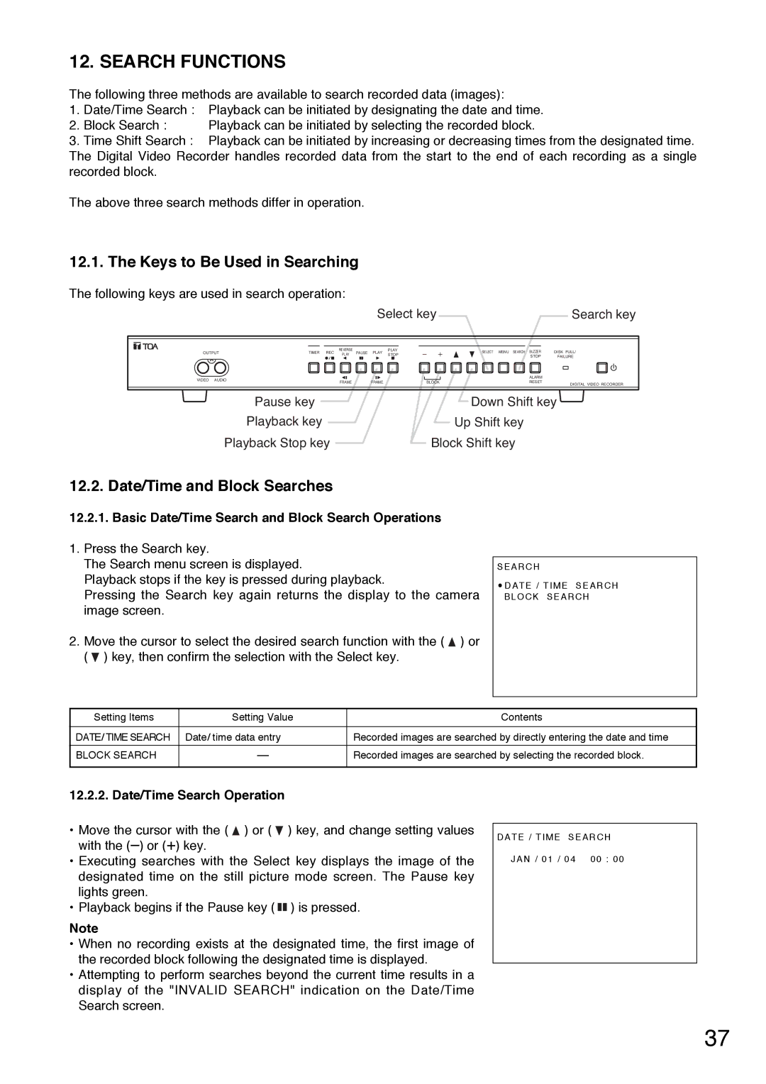 Toshiba C-DR0101 Search Functions, Keys to Be Used in Searching, Date/Time and Block Searches, Date/Time Search Operation 