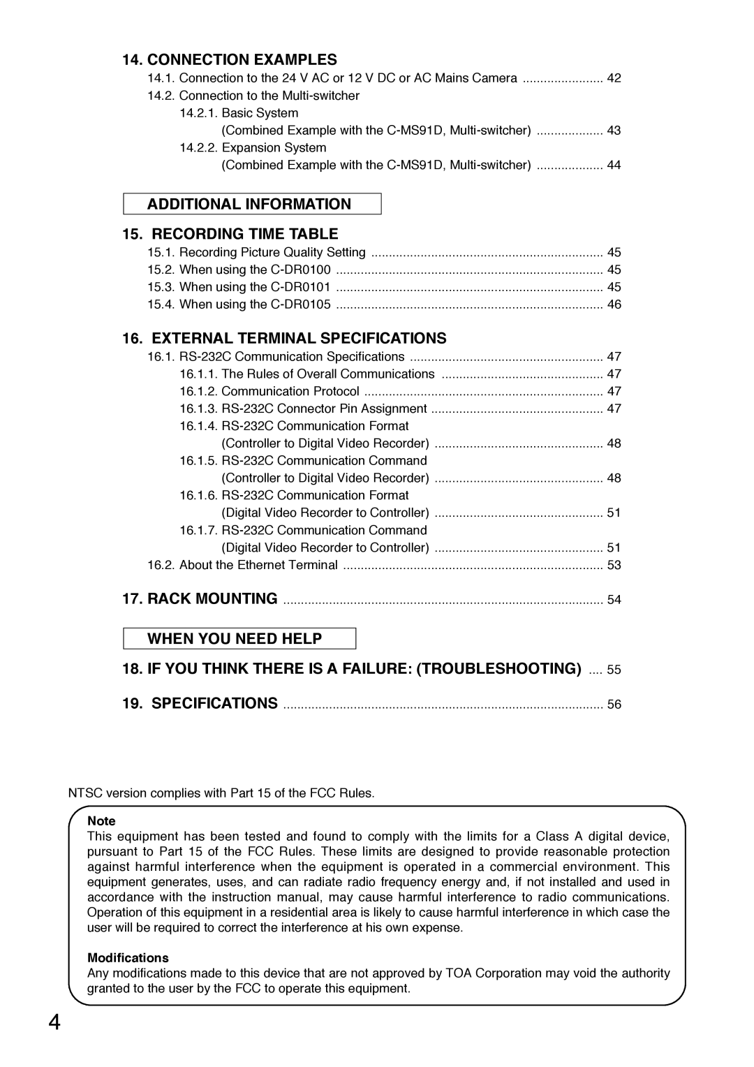 Toshiba C-DR0101 instruction manual Ntsc version complies with Part 15 of the FCC Rules, Modifications 