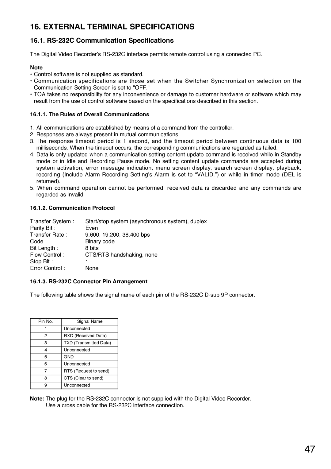 Toshiba C-DR0101 External Terminal Specifications, RS-232C Communication Specifications, Rules of Overall Communications 