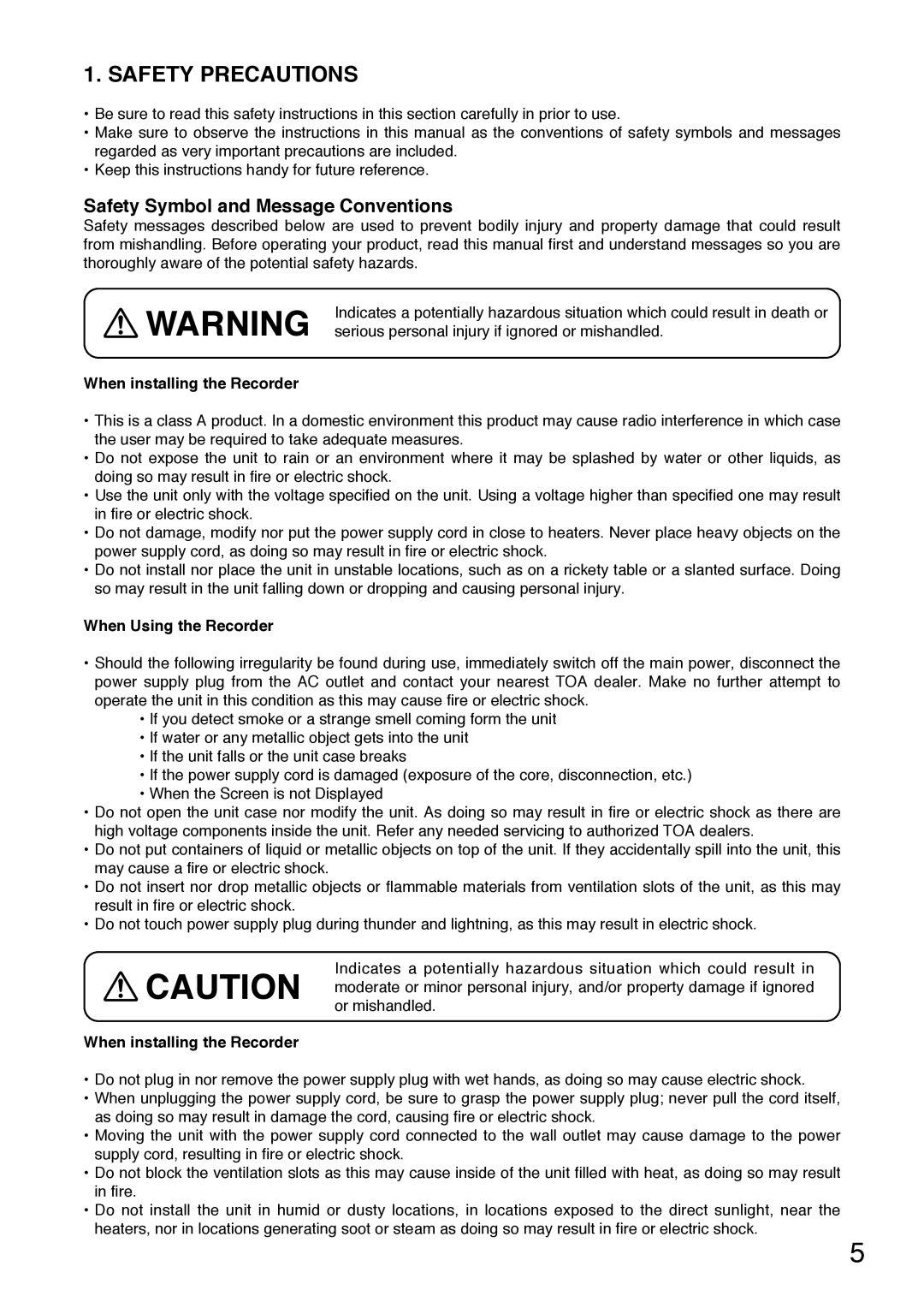 Toshiba C-DR0101 instruction manual Safety Precautions, Safety Symbol and Message Conventions, When installing the Recorder 