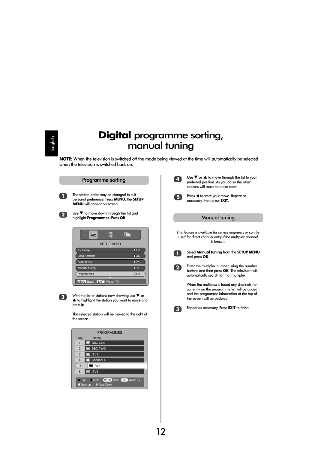 Toshiba X3030, C3030 manual Digital programme sorting Manual tuning, Programme sorting 